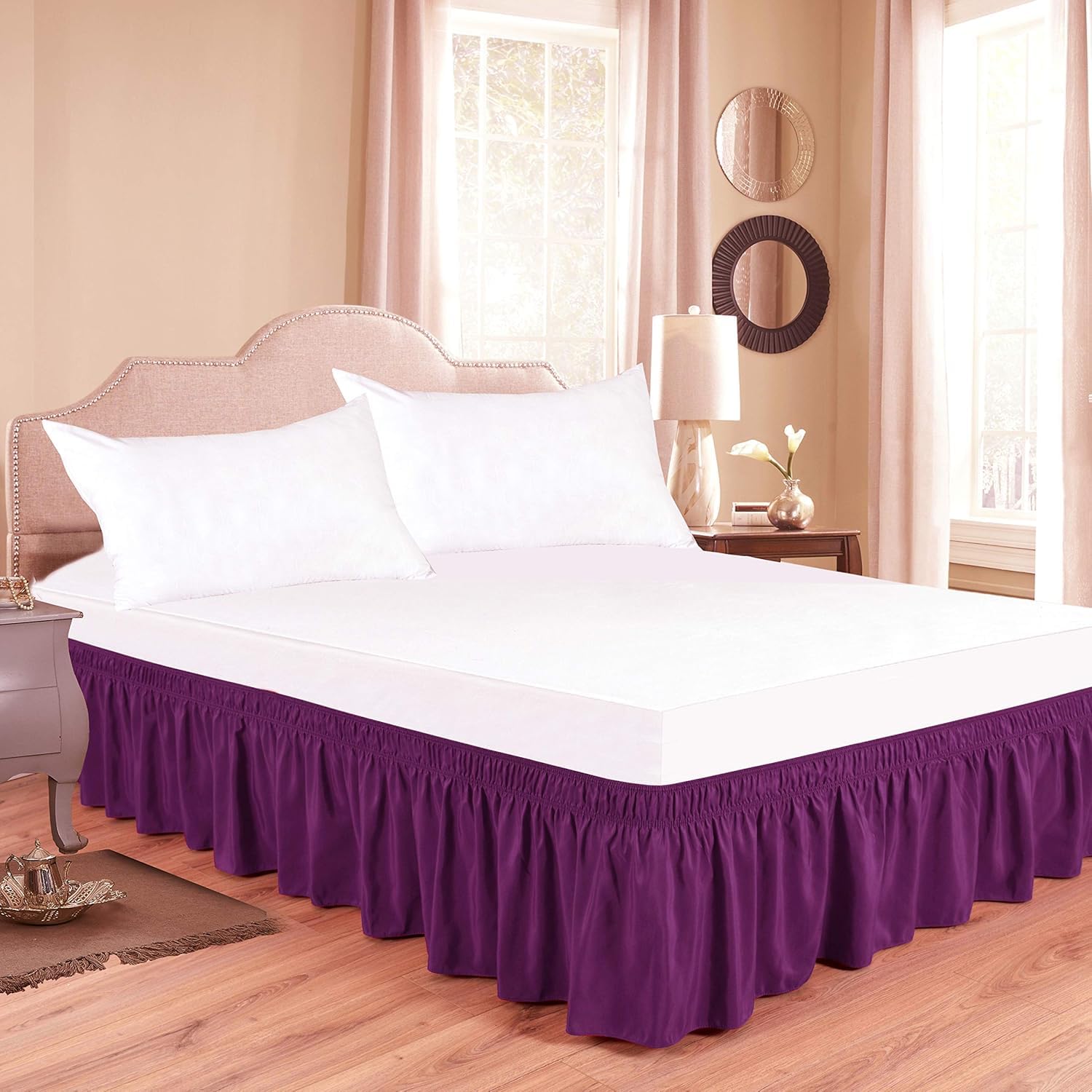 Bed Skirt - Wrap Around Bed Skirts Elastic Dust Ruffles, Easy Fit Wrinkle and Fade Resistant Silky Luxrious Fabric Solid Color, Easy On/Easy Off 12 Inch Tailored Drop, Purple, Olympic Queen