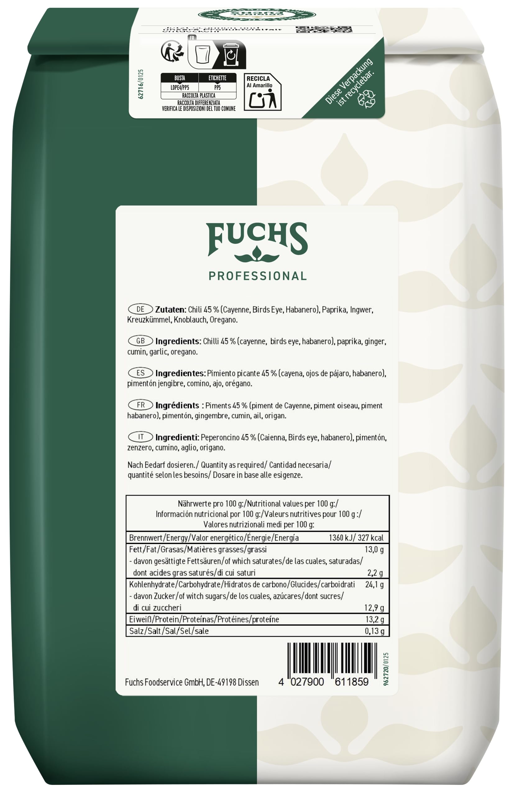 Fuchs Professional - Mélange d'épices pimenté | 1 kg | Pour les plats ardents tels que le chili à la carne | Qualité professionnelle pour les gros consommateurs