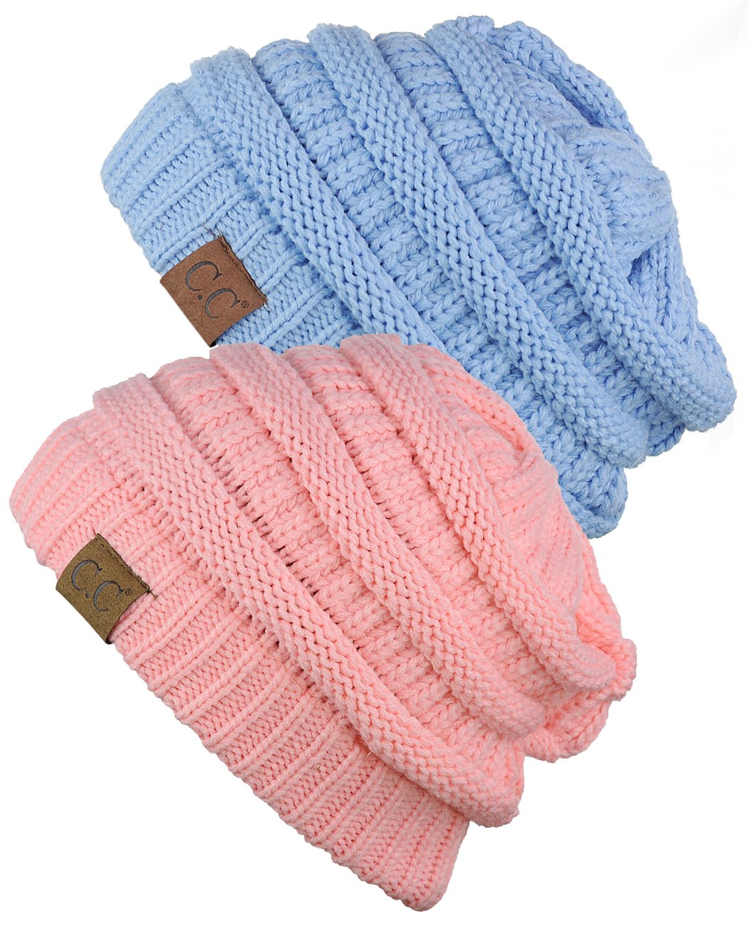 Trendy Warm Chunky Soft Stretch Cable Knit Beanie Skully, 2 Pack Pale Pink/Pale Blue