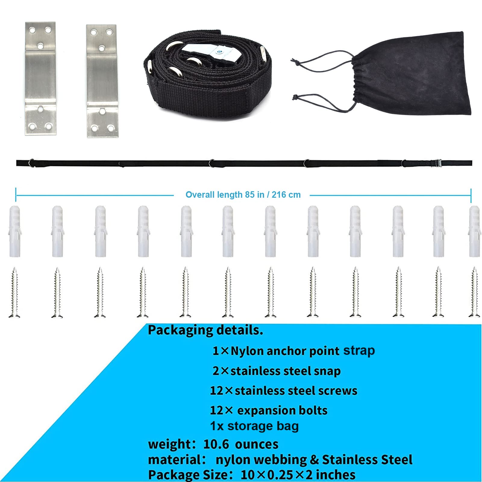 Brebebe Multi Point Wandanker Gurt für Widerstandsbänder Übungen, Türanker Gurtschlaufen mit 5 Metall D-Ringen, Wandanker Tracks Home Gym Fitness System, einfach & effektiv (keine Widerstandsbänder)