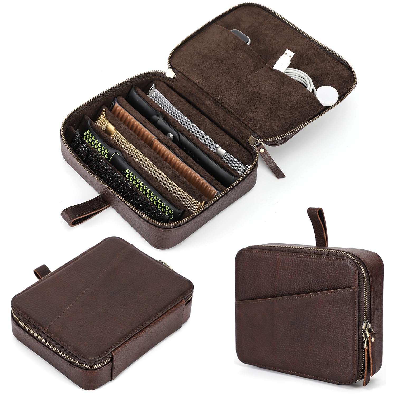 CataPurus Top Grain Genuine Leather Watch & Band Organizer Box for Man & Woman, Solid Vintage Design, Handmade, Large Capacity with 6 Band Slots & 2 Watch Pockets for Traveling, Red Coffee, 8 Slots