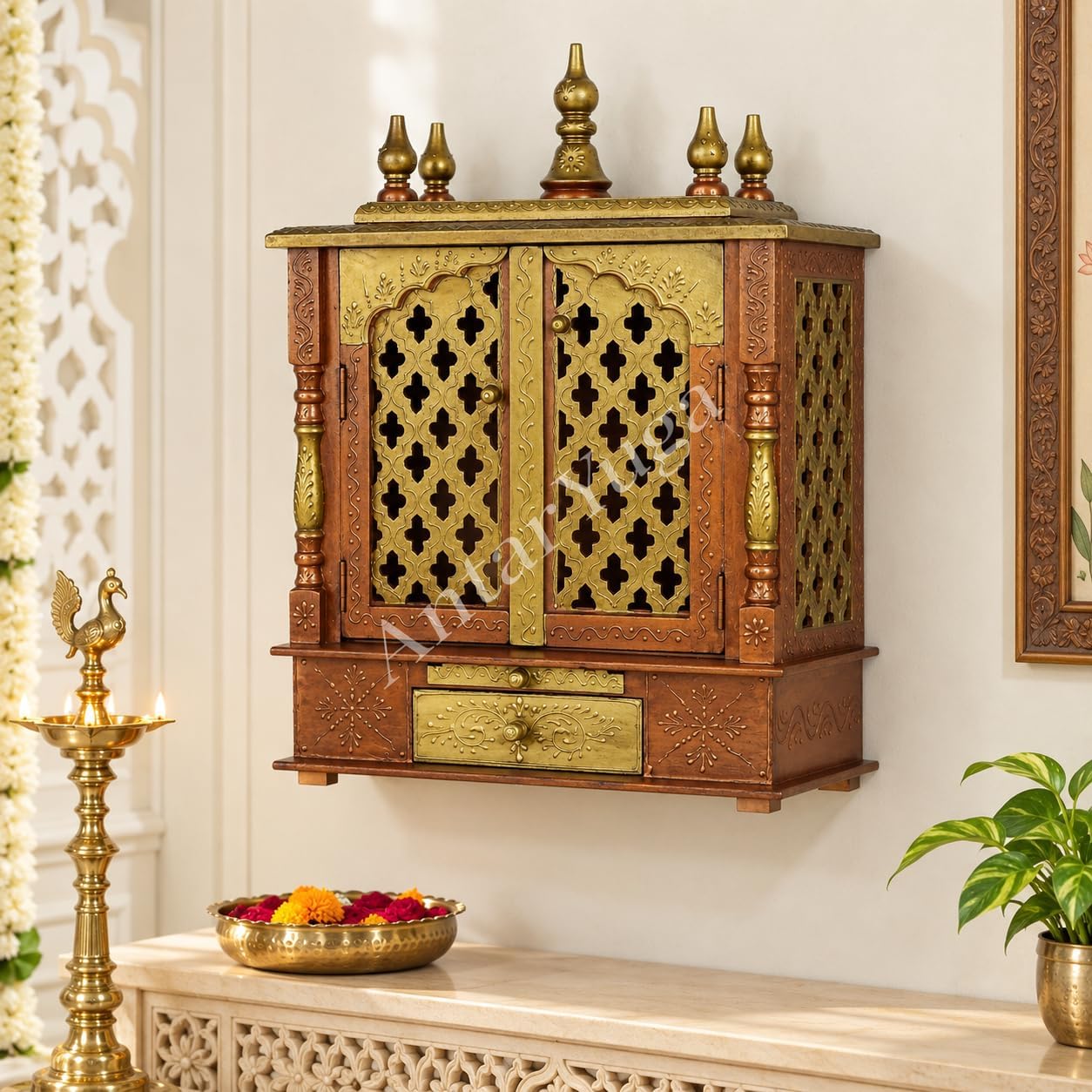 Wooden Temple Rajasthani Ethnic Handcrafted Mandir, Brown