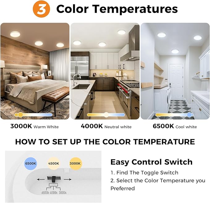 slochi slochi Led-plafondlamp, 1500 lm, IP44, waterdicht, plafondlamp voor badkamer, 15 W, 3000 K, 4000 K, 6500 K, witte plafondlamp, rond, voor keuken, slaapkamer, hal, garage, balkon, Ø 18 cm photo 2