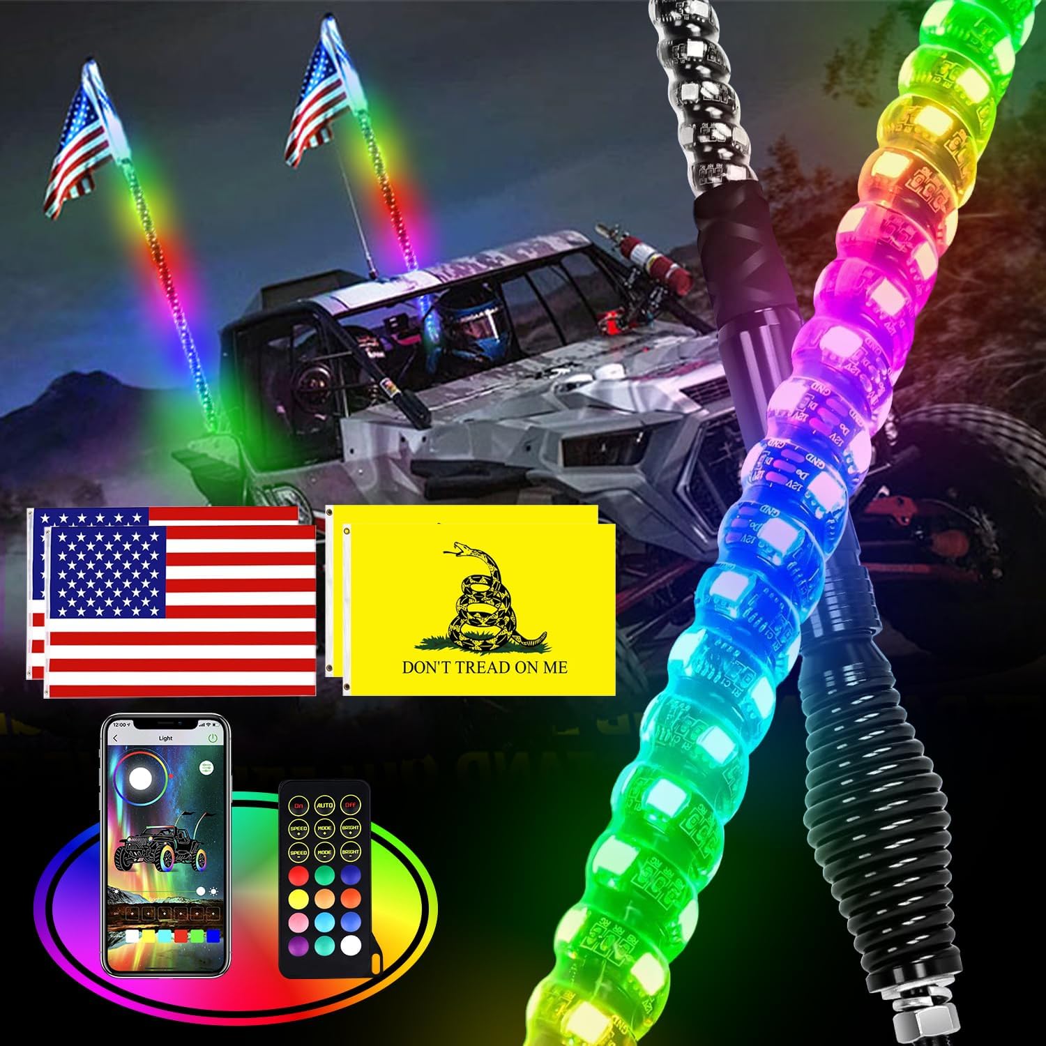 Super Bright Colorful RGB LED Whip Light,Chasing Lighted Whip Lights, Spring Base, IP67, DIY App and Remote Control, Plug and Play,Fit for ATV, UTV, Boat,Truck【 3FT】