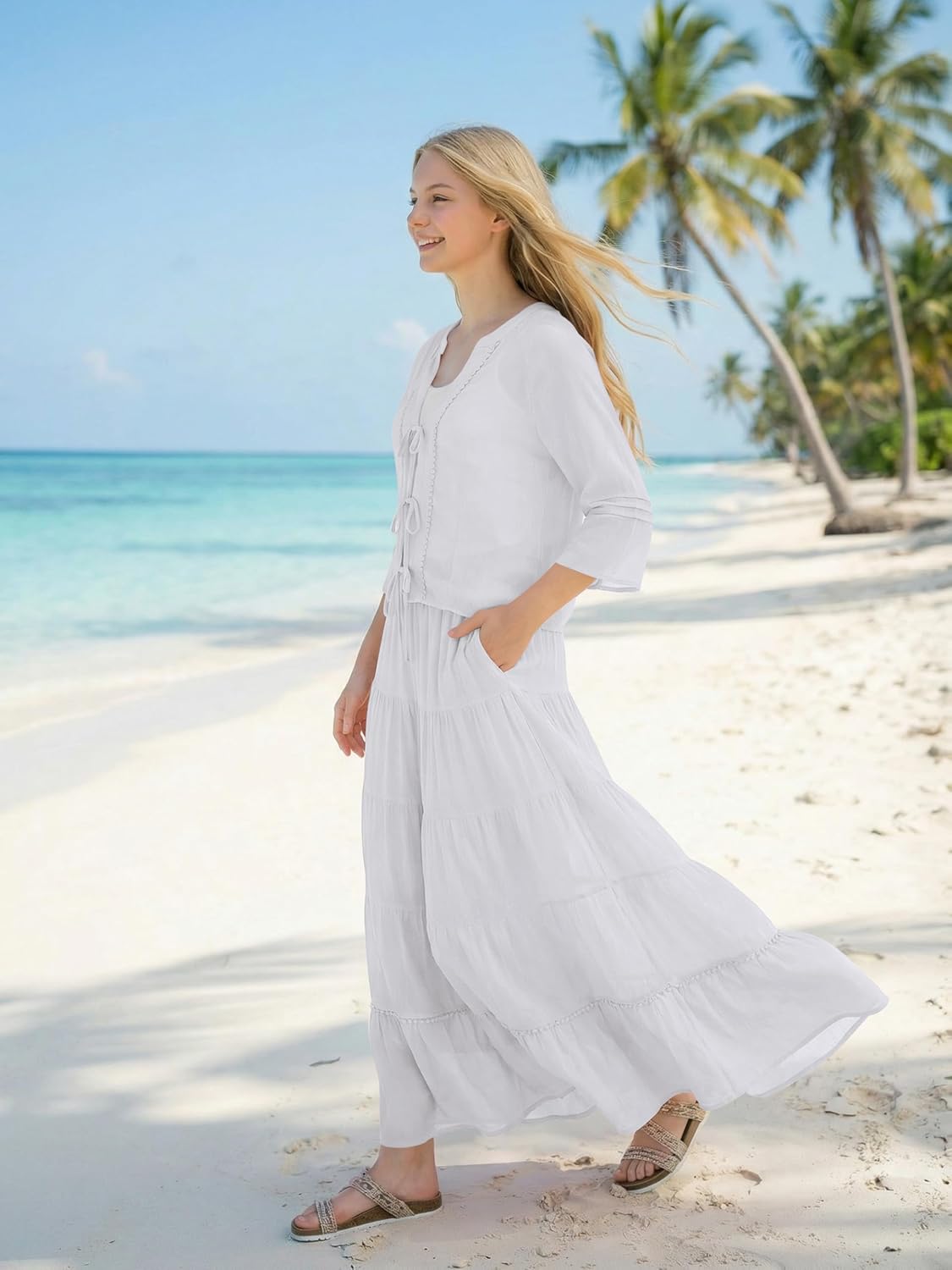 Womens 2 Piece Skirt Sets Summer Tie Front Chiffon Blouse Elastic Waist Maxi Dress Sets Vacation Outfit with Pockets