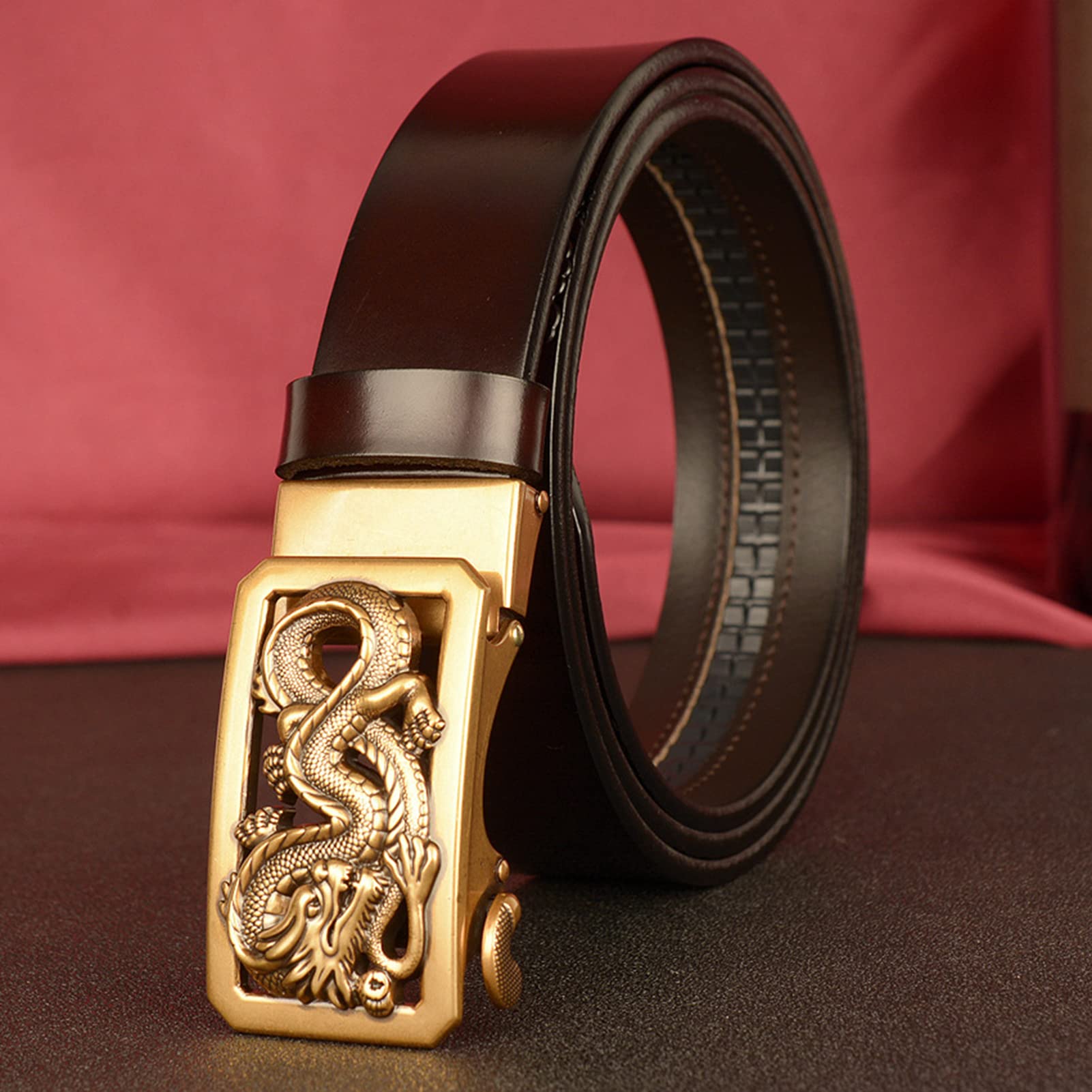 Cinturón De Trinquete For Hombre 3,5 Cm Cuero Genuino Con Hebilla Deslizante Automática Y Escultura Dragón Dorado Hueco Grabado