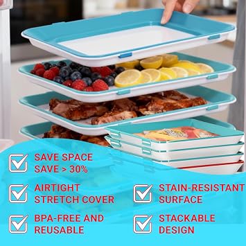 Food Stackable Preservation Tray with Lids, Reusable Storage Preserving Tray, Flat Food Sealing Container for Vegetable Salad and Various Foods (Blue)