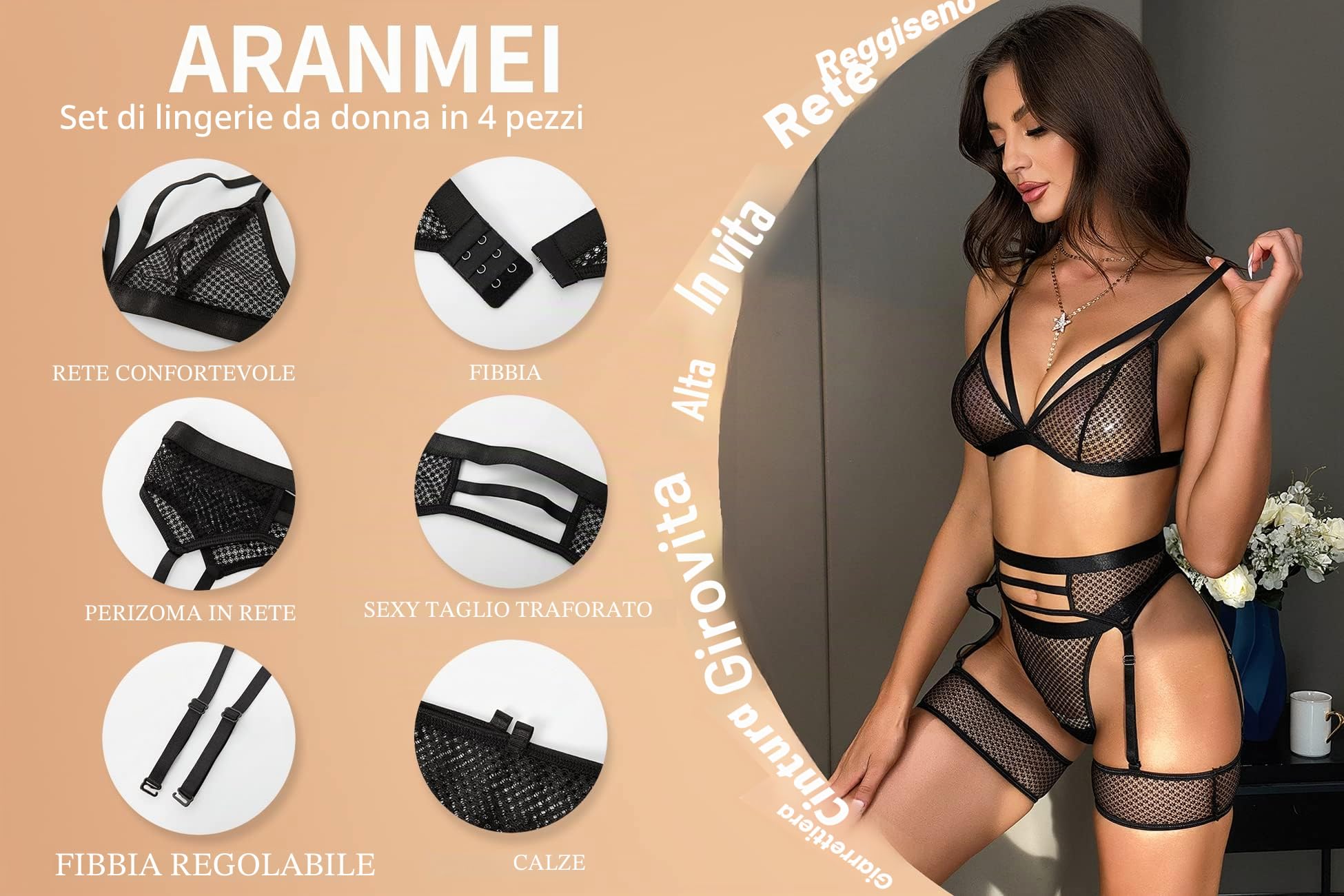Aranmei Intimo Donne Sexy 4 Pezzi Lingerie Set con Reggicalze e Bretella Strappy Mesh Bra e Mutandine Set Vita Alta Erotico Pizzo Teddy Lingerie
