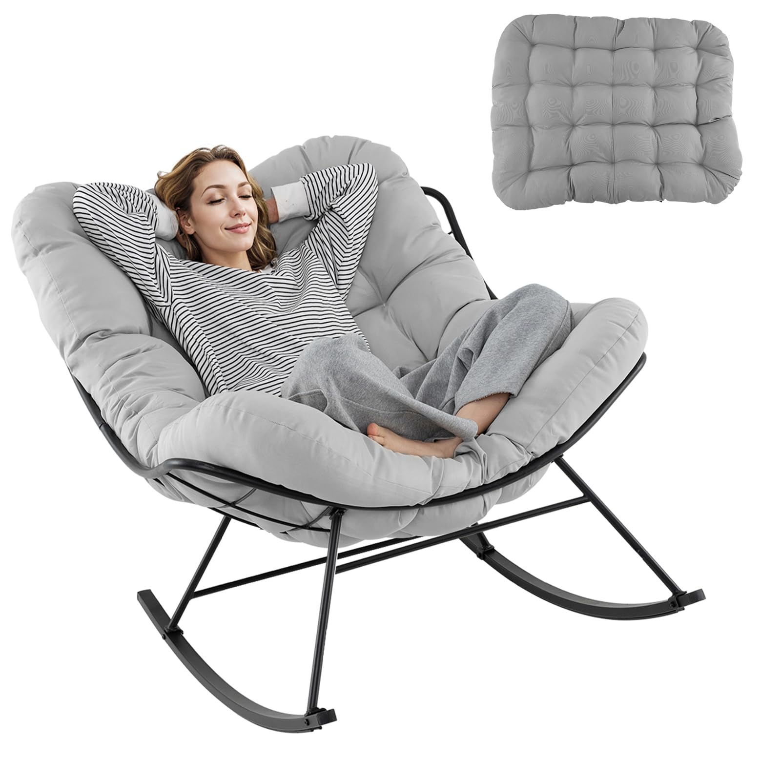 RELAX4LIFE Fauteuil à Bascule de Jardin, Chaise Papasan avec Coussin et Cadre en Métal pour Intérieur et Extérieur, Charge 205KG pour Chambre Salon Porche Jardin Terrasse (Gris) (Gris Clair)