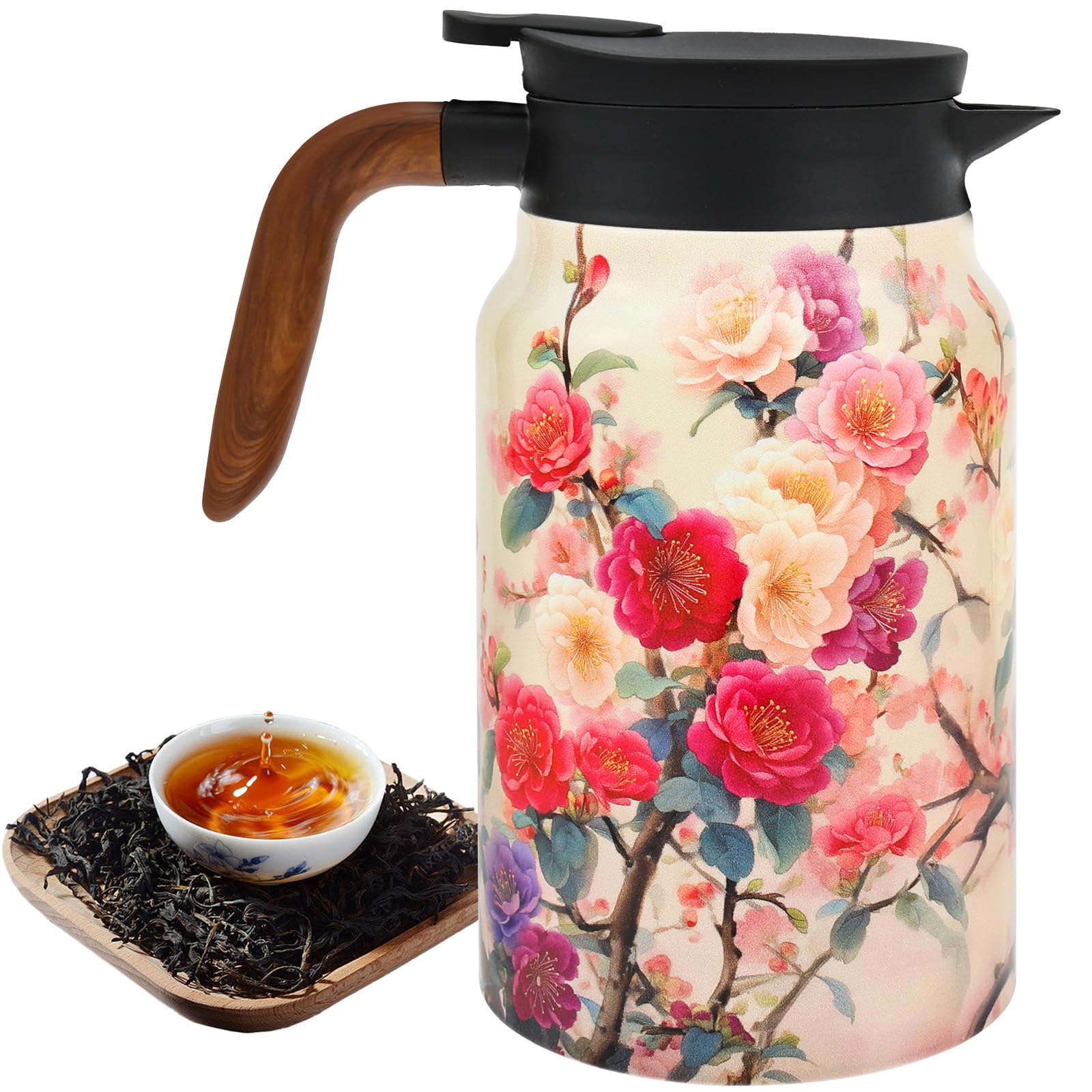 1500ml Thermal Coffee Carafe, Vintage Floral Pattern Tea Pot Built in Infuser, Stainless Steel Thermal Teapot, Leak-Proof Vacuum Insulated Carafe for Coffee Tea Hot/Cold Drinks(Style 4)