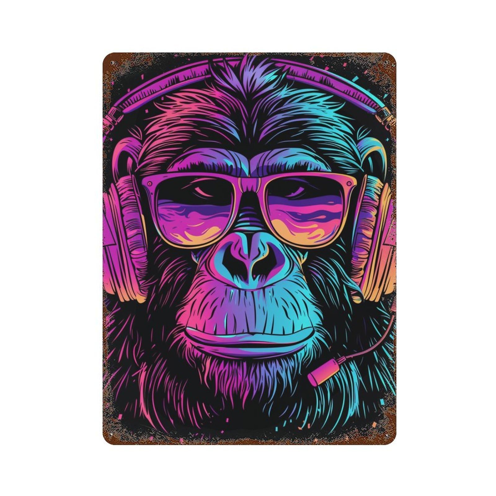 Neon Monkey Headphones Art Print 15.7"x11.8" Weathered Tin Sign, Shabby Chic Decor for Farmhouse, Kitchen And Entryway Decor