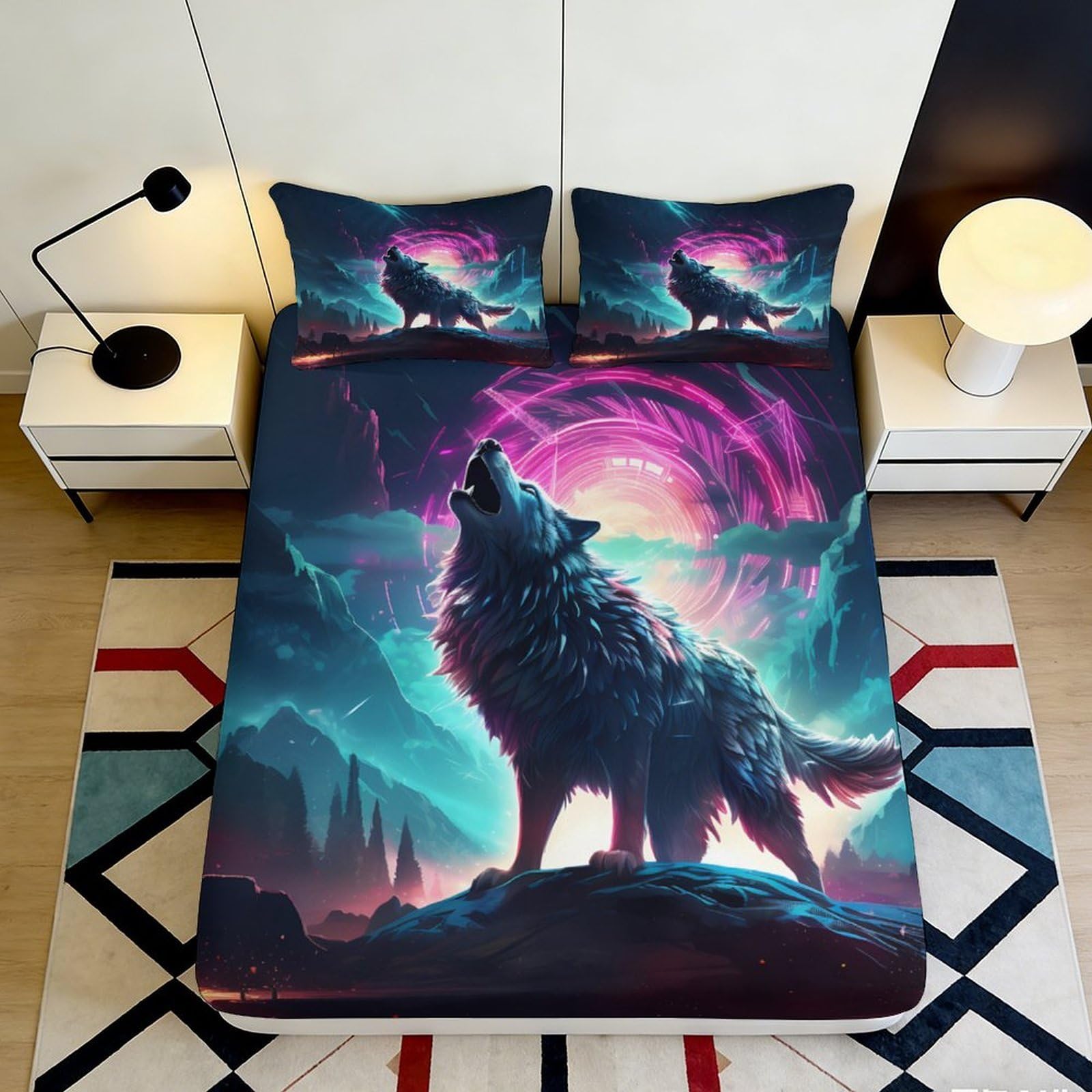 3D Printed Neon Wolf Fitted Sheet Microfiber Soft Durable Cosmic Night Bed Cover for Bedroom Dormitory Guest Room Mattress Protection Decor 120x200x25cm