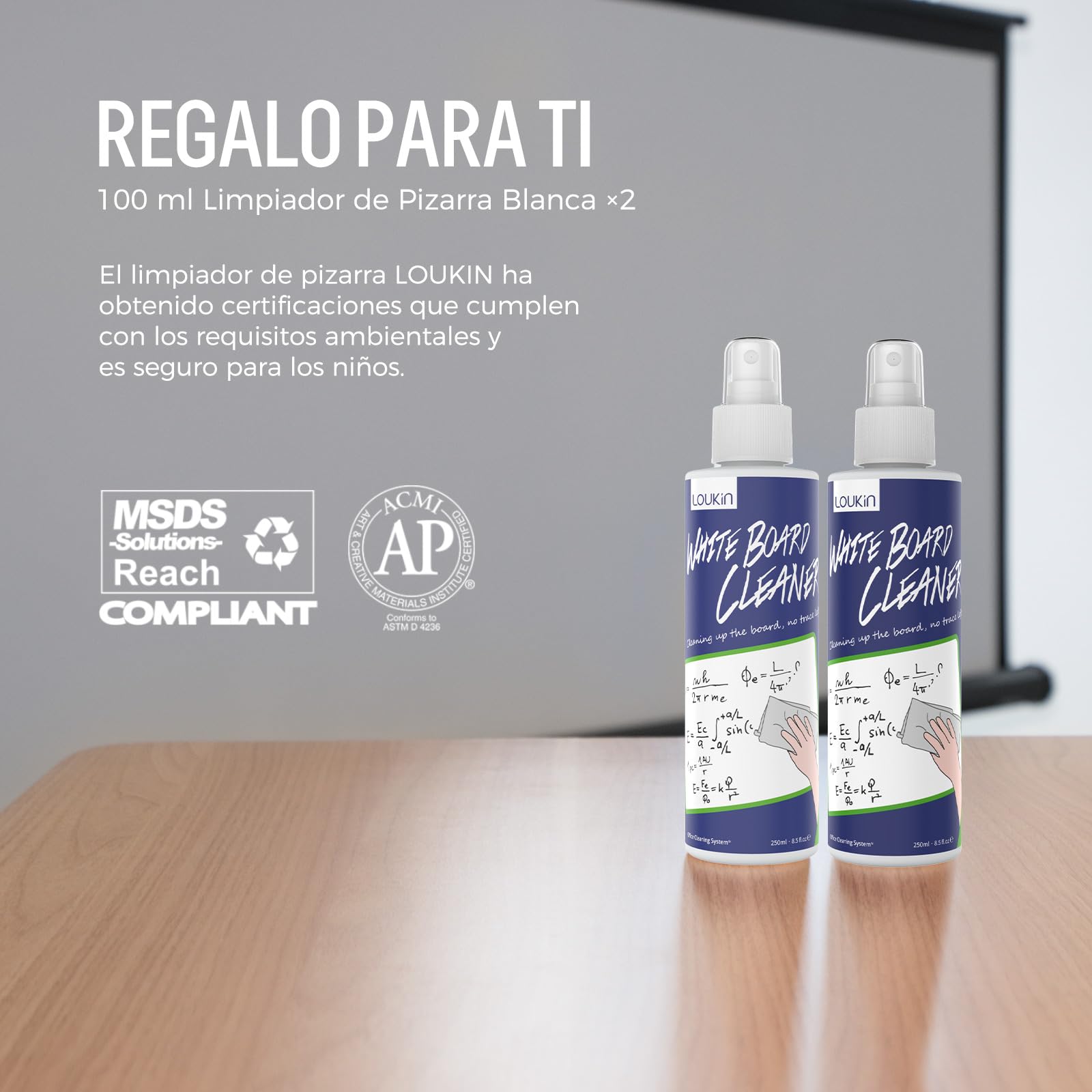 LOUKIN Borrador Magnético Seco para Pizarra Blanca (4 Unidades), Borrador para Pizarras Blancas y de Vidrio, Incluye 2 × 100 ml de Limpiador para Pizarras, Ideal para Aula, Hogar y Oficina (Gris)