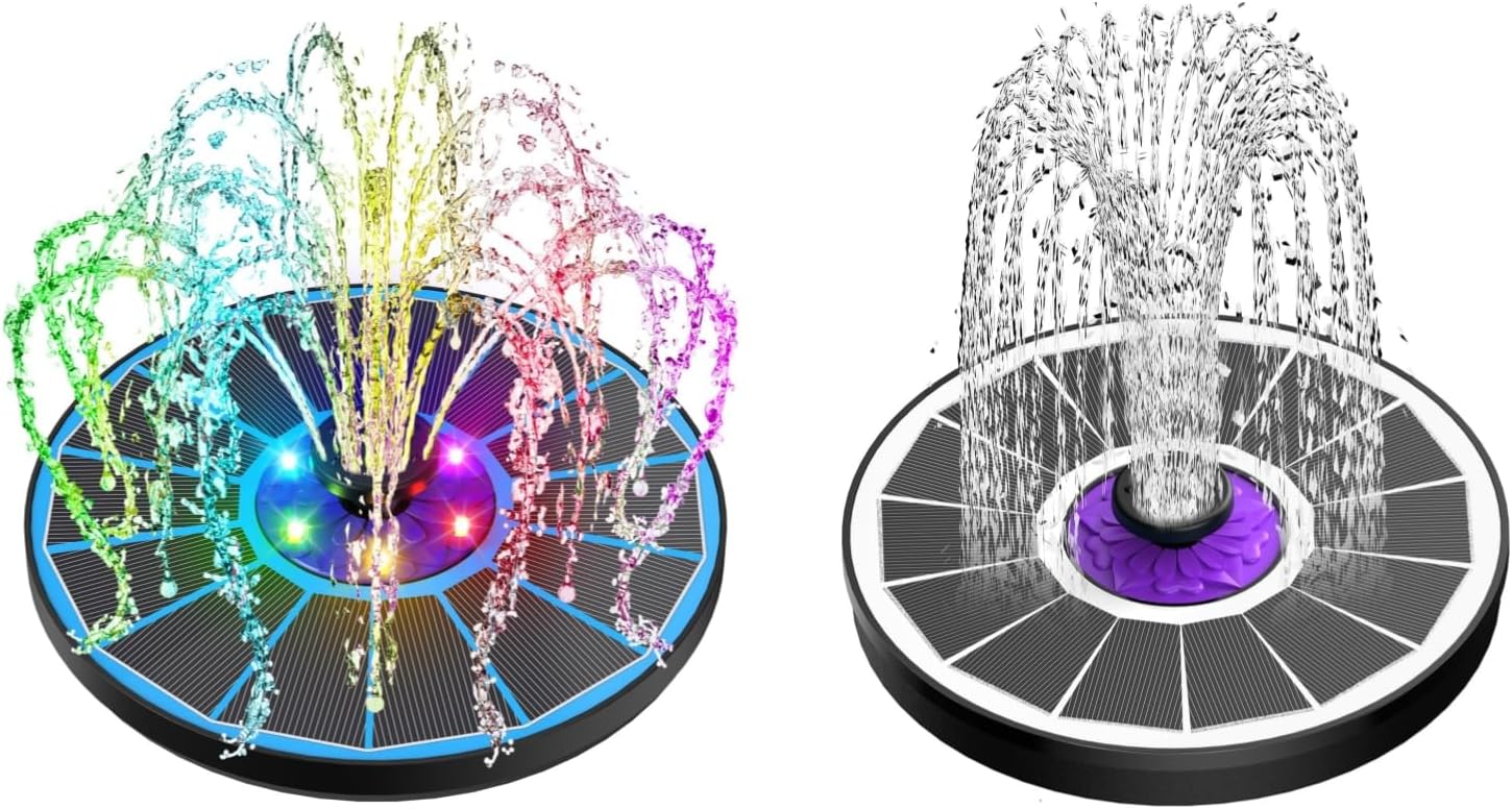 SZMP Solar Bird Bath Colorful Lights + Solar Fountain Pump Purple Flower