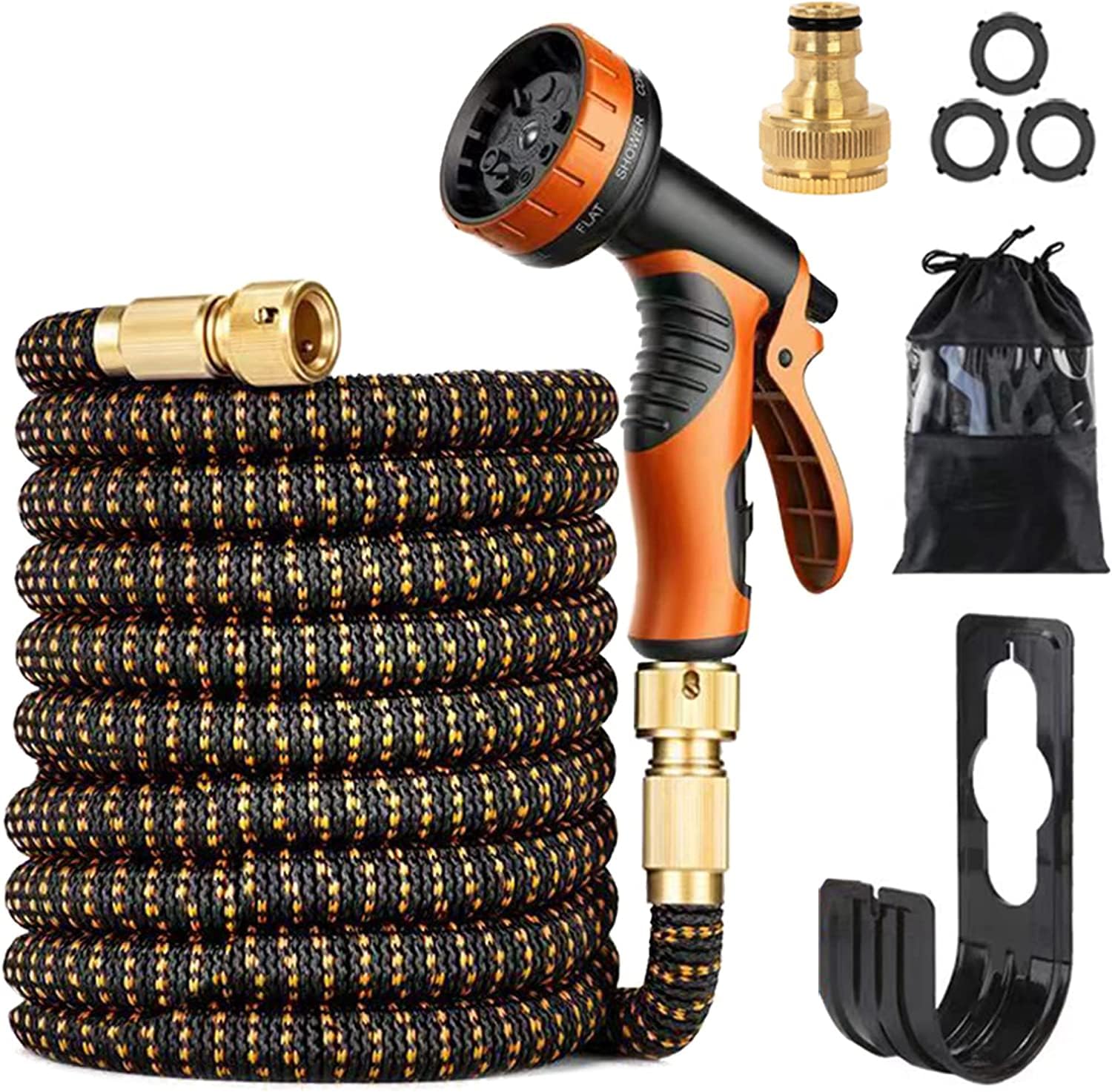 Tubo da giardino espandibile con pistola a spruzzo d'acqua a 10 modalità, connettori in ottone massiccio da 3/4" e 1/2", resistente tessuto 3450D, avvolgitubo per tubo da giardino, tubo magico