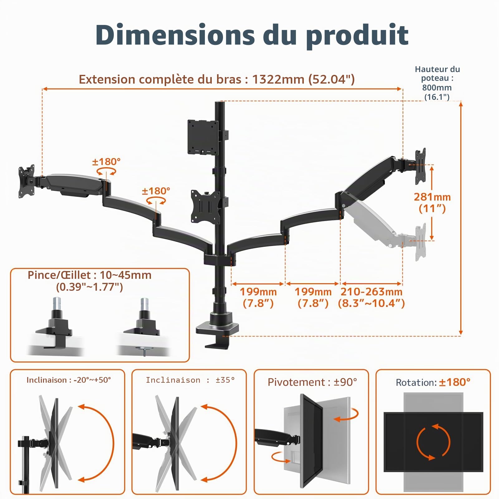 PUTORSEN Support pour Quatre écrans, Max 49'' en Haut et 3 x 27'' en Bas