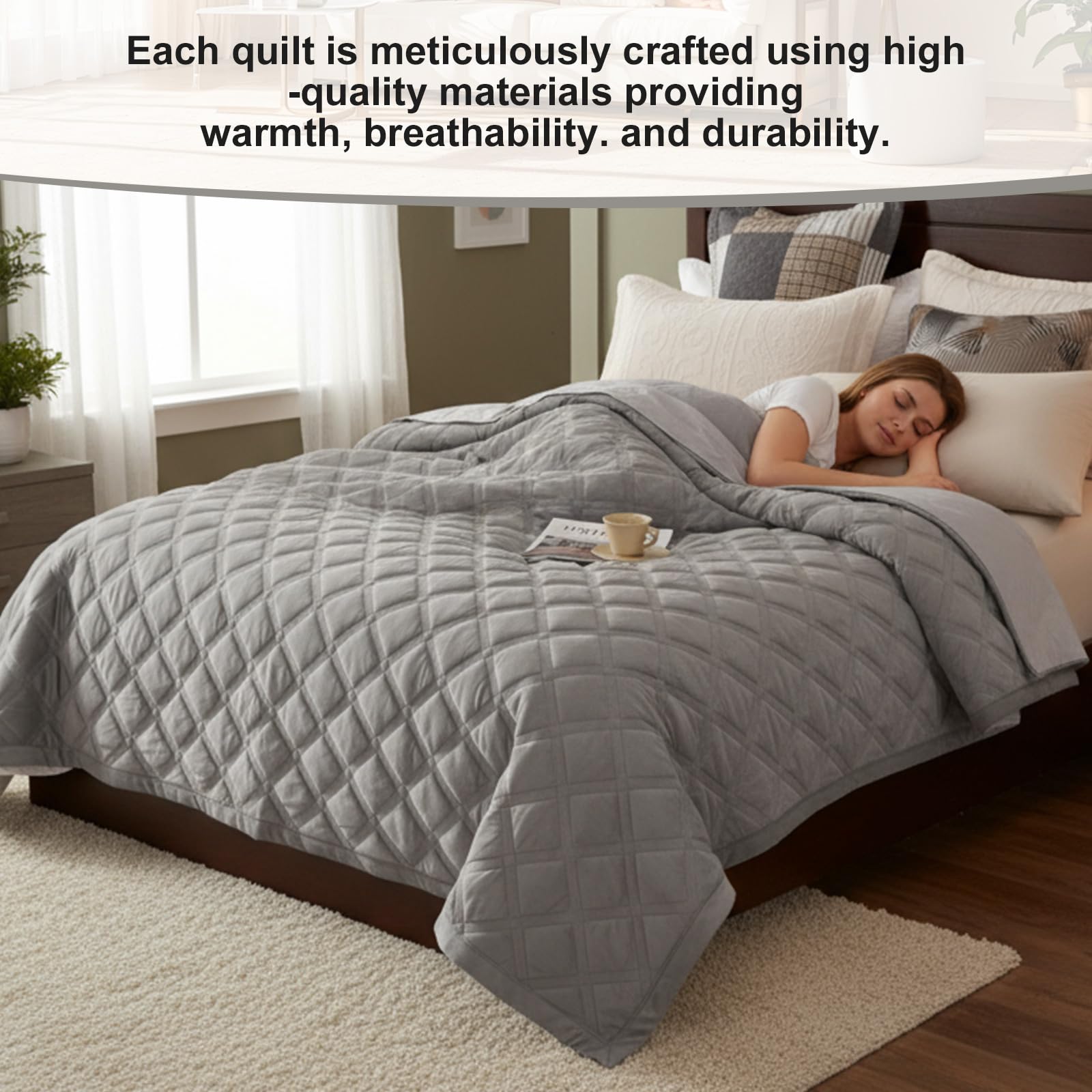SHANNA Quilt Bettüberwurf 3-teilige Set: Ganzjahres-Ultraweiche Mikrofaser Kuschel-Steppdecke Kingsize 220 x 240 cm Komfort Set mit 2 Kopfkissenbezügen 50 x 70 cm, maschinenwaschbar (Hellgrau-B)