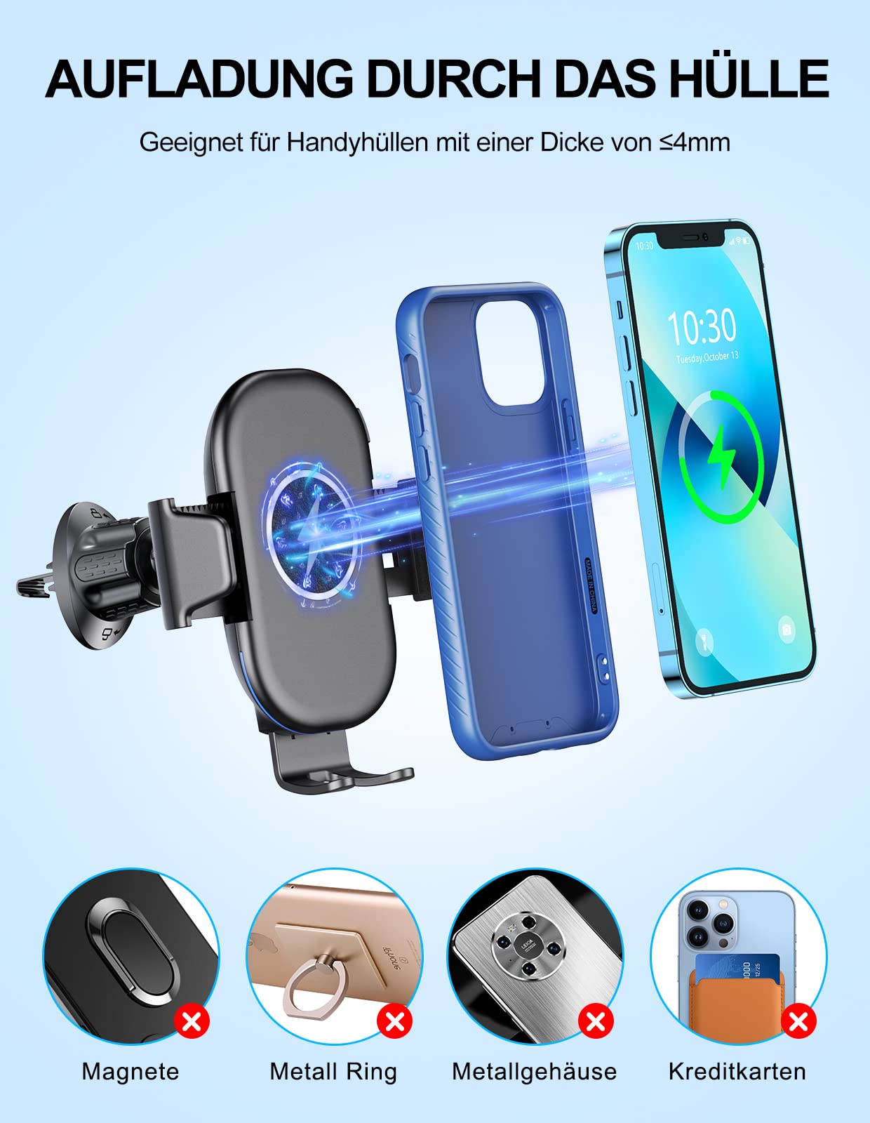 Mohard Handyhalterung Auto Mit Ladefunktion, Max 15W Fast Qi Wireless Charger, 360° Drehung & Rutschen und Fallen Nie Kfz Induktive Ladestation für 5,4"-7" Telefon (QC3.0 Autoladegerät Inklusive)