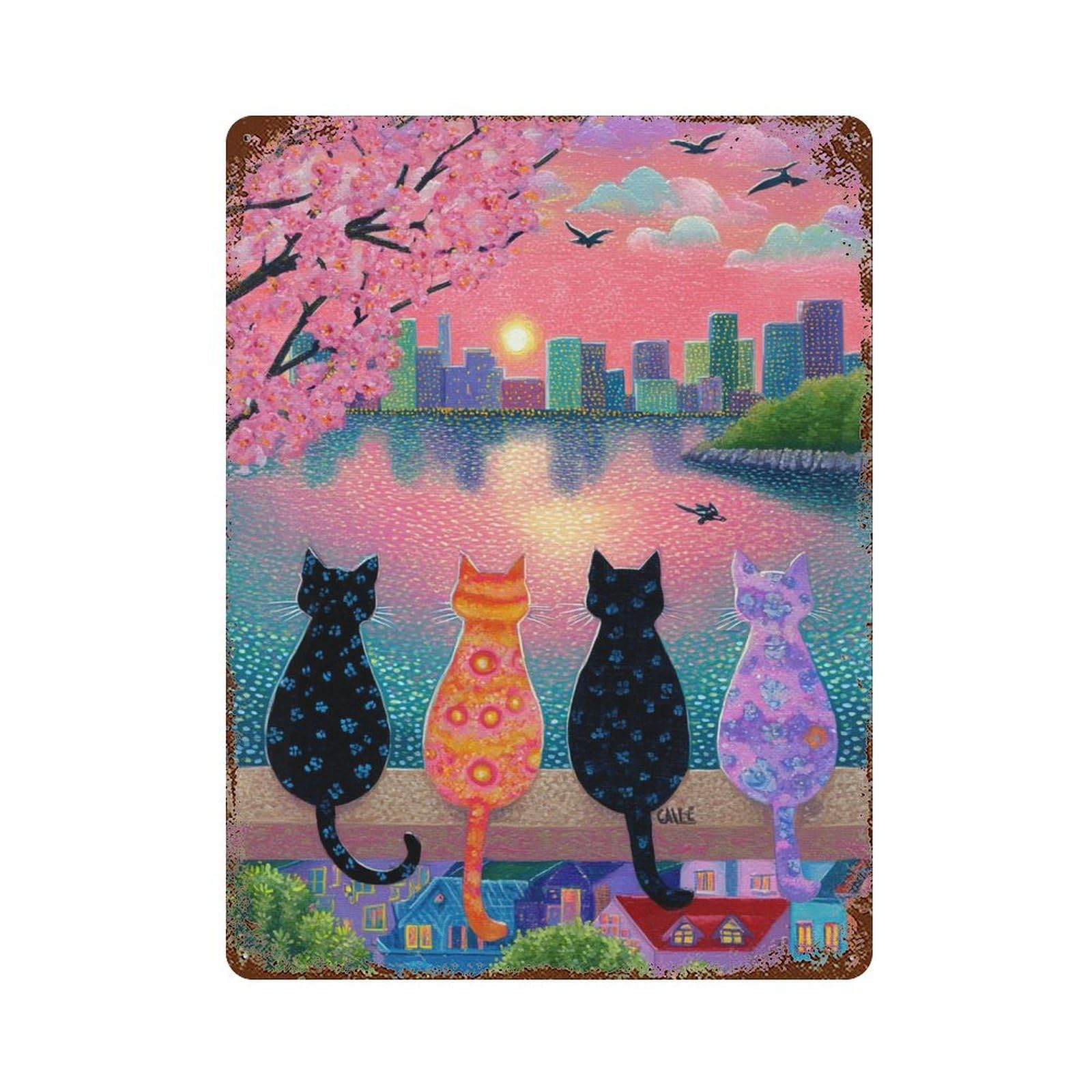 Cityscape Cats Sunset Art Print Vintage Metal Tin Sign 15.7"x11.8", Decorative Metal Wall Art for Garage, Pub Or Kitchen