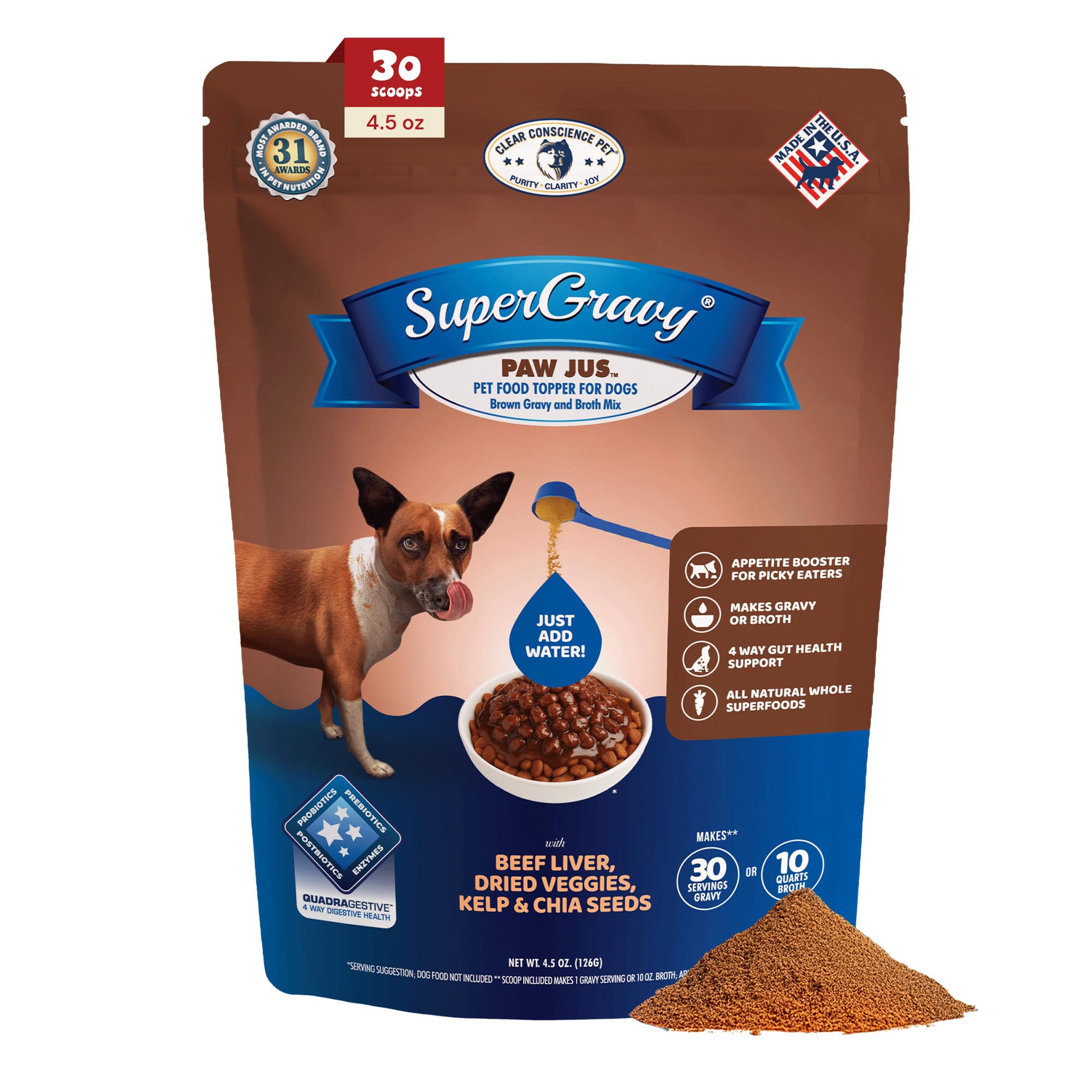 CLEAR CONSCIENCE PET® Paw Jus™ SuperGravy® Natural Dog Food Gravy Topper, Hydration Broth Mix, Gluten and Grain Free Kibble Seasoning Powder Topper for Picky Eaters (4.5 oz. (30 Scoop))