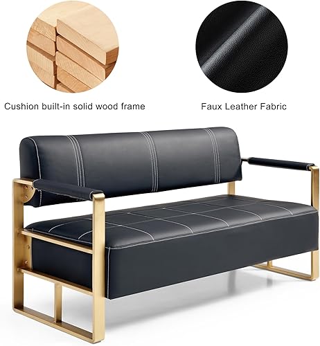 Miniatura 4 de Sofá biplaza moderno de cuero de 57.9 pulgadas, tapizado de piel sintética con brazos cuadrados de metal para sala de estar, oficina, apartamento