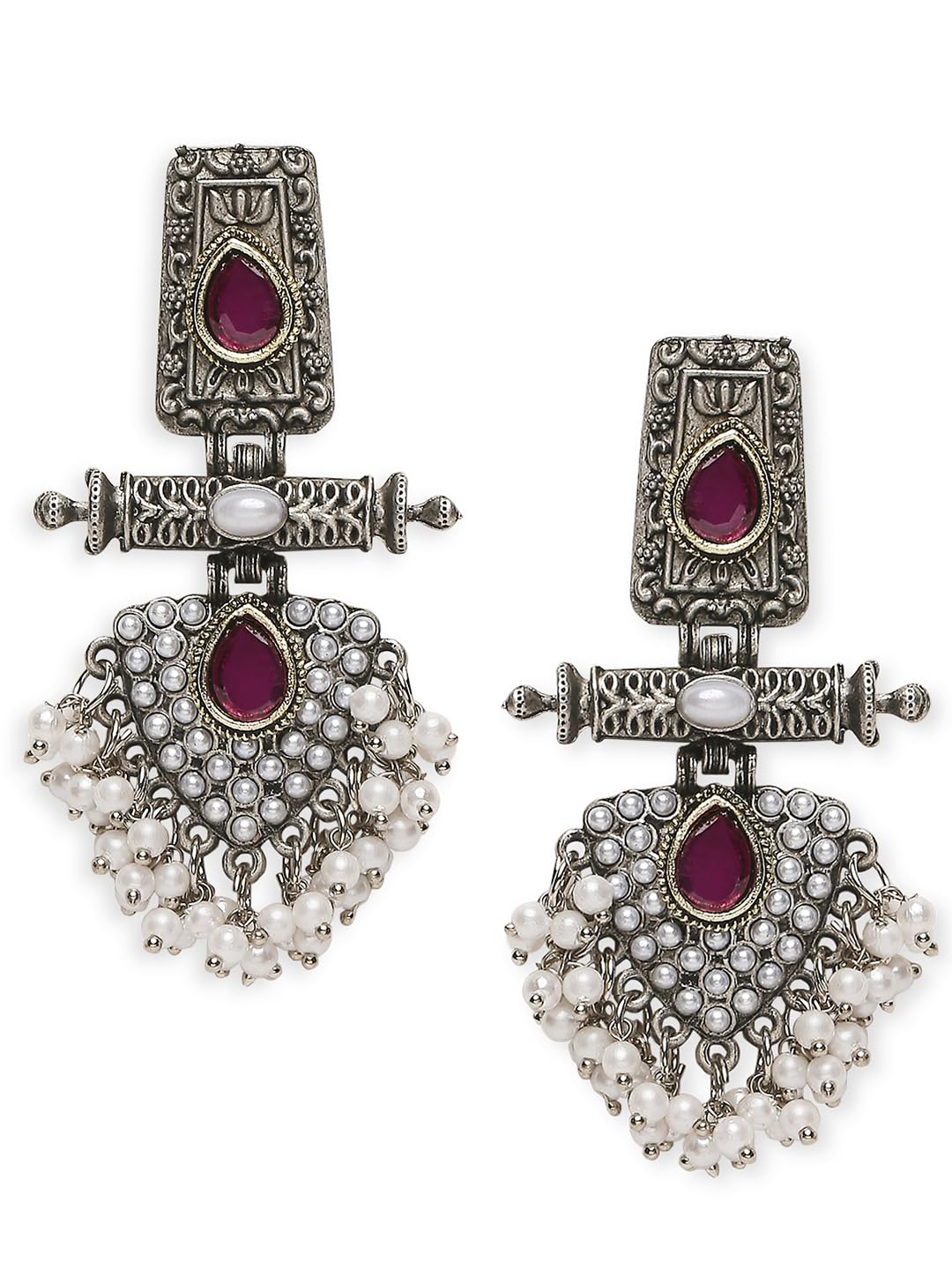 OOMPH Jewellery Oxidised Silver Ethnic Drop Earrings - Silver Look Alike - Maroon Stones & Pearls Studded - For Women & Girls Stylish Latest (ECK214_AOR1) (B0CC5S317Q) Amazon Price History, Amazon Price Tracker
