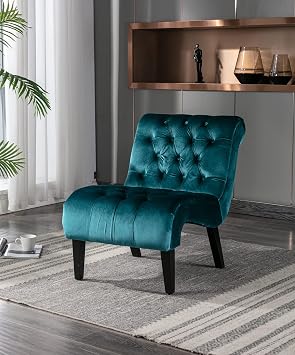 Velvet Accent Lounge Chair for Living Room, Modern Leisure Chair with Tufted Backrest, Indoor Armless Side Chair, Upholstered Bedroom Sleeper Chair with Solid Wood Legs