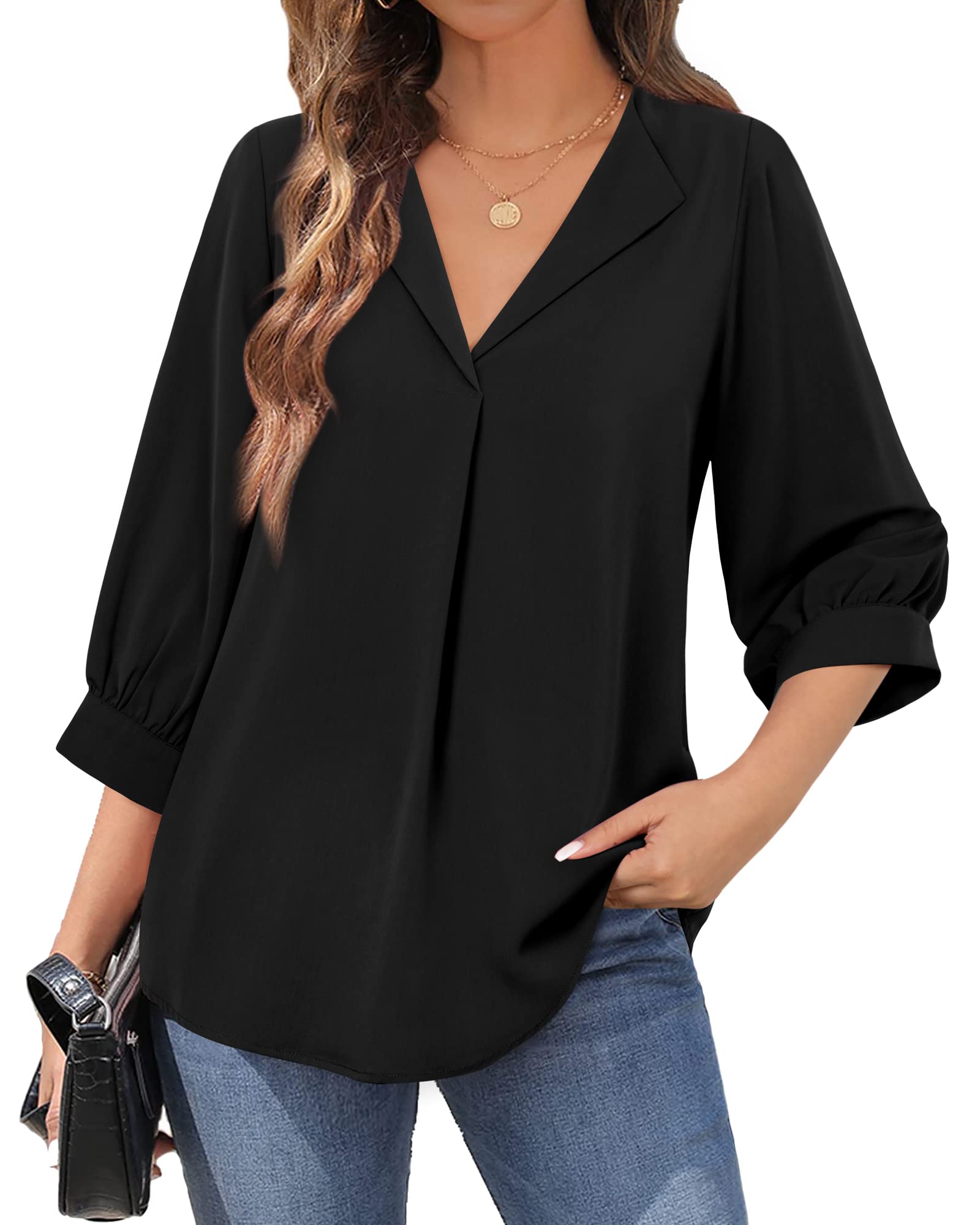 Unixseque Chemisier décontracté en mousseline de soie avec col en V et manches 3/4 pour femme