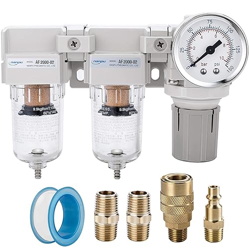 Miniatura 33 de NANPU Sistema de secado de aire NPT de 1/2" - Filtros de aire dobles, combo de regulador de presión de aire - Drenaje semiautomático, cuenco