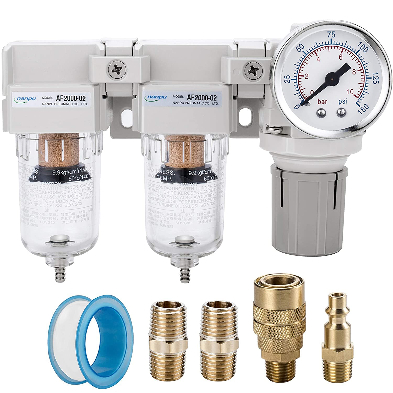 NANPU DFR-03 3/8" NPT Air Drying System - Double Air Filters, Air Pressure Regulator Combo - Semi-Auto Drain, Poly Bowl — Amazon image 14