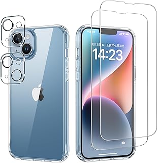 iCatchy Case for iPhone 14/ iPhone 13 Clear Transparent Shockproof Bumper Back Cover Scratch Resistant Non-Yellowing With 2 Screen Protector Tempered Glass and 2 Camera Lenses Protector