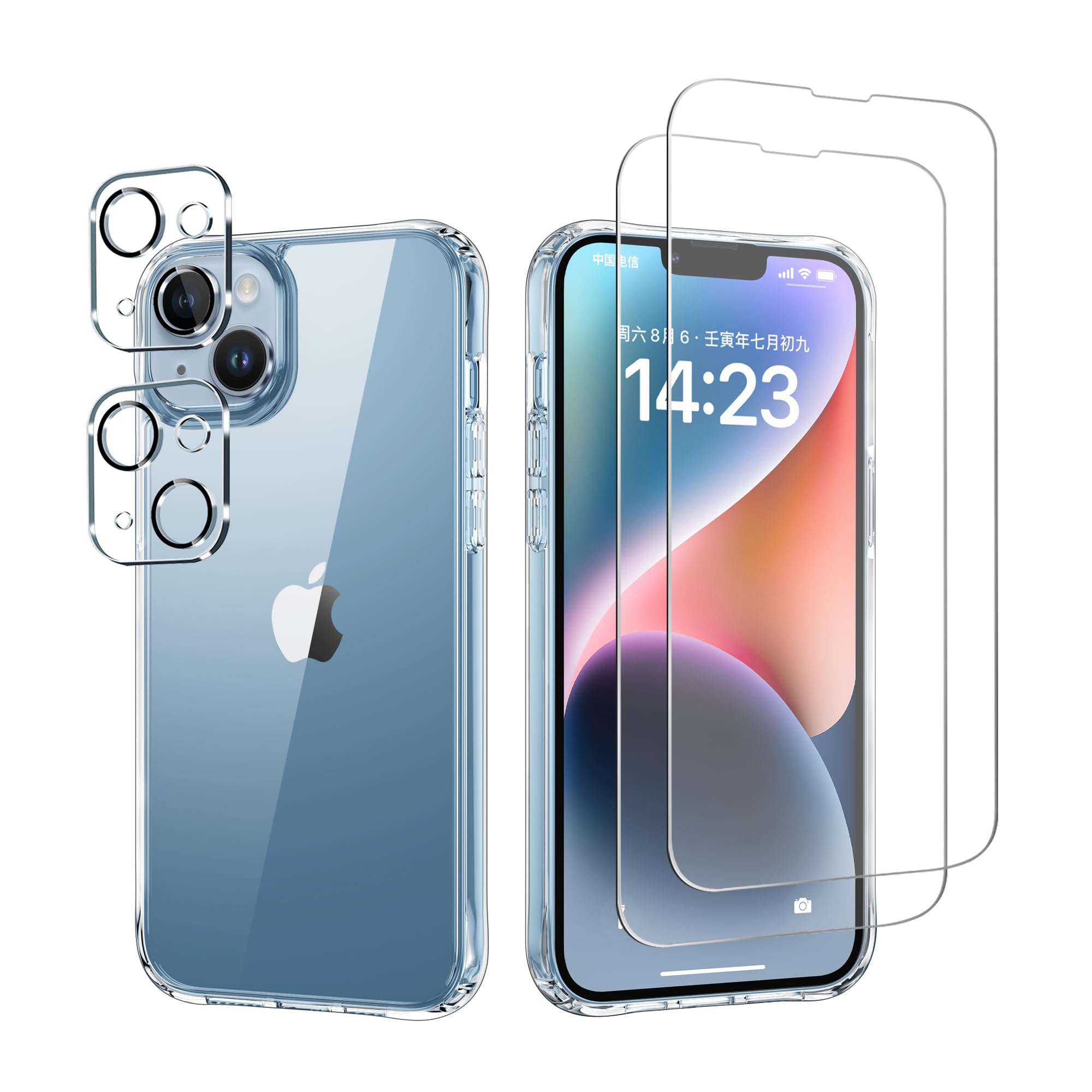 iCatchy Case for iPhone 14/ iPhone 13 Clear Transparent Shockproof Bumper Back Cover Scratch Resistant Non-Yellowing With 2 Screen Protector Tempered Glass and 2 Camera Lenses Protector