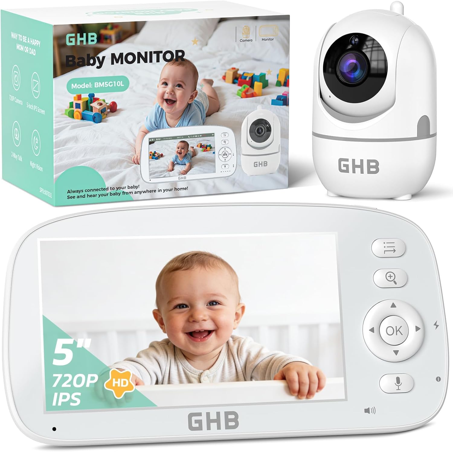GHB 5" Baby Monitor with Pan-Tilt Camera & Night Vision