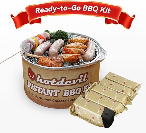 Hotdevil Kit de parrilla de carbón desechable portátil, listo para llevar, paquete de barbacoa de campamento para 1 a 3 personas, con eliminación
