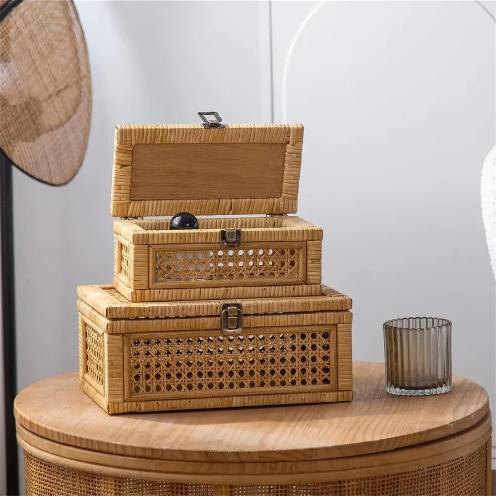 Cesta in rattan Scatola decorativa in rattan, scatole espositive con coperchio, set di 2 cestini portaoggetti rettangolari in vimini, contenitori in canna intrecciata(Round-Brown)