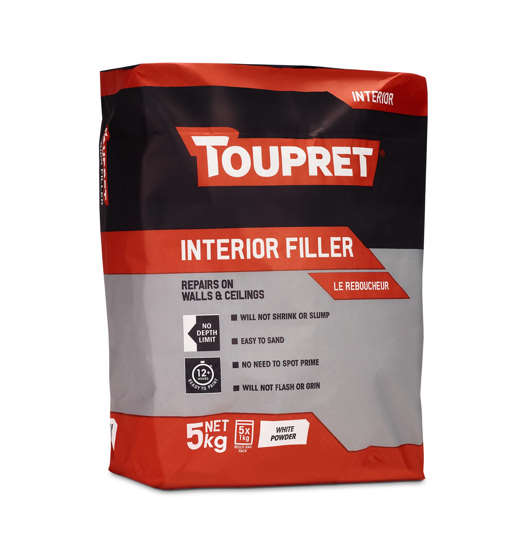 Toupret Interior Filler - Easy to Sand, No Shrink Crack Filler - Smooth Finish Wall Repair for Interior Surfaces - Professional Powder Filler - White - 5 kg