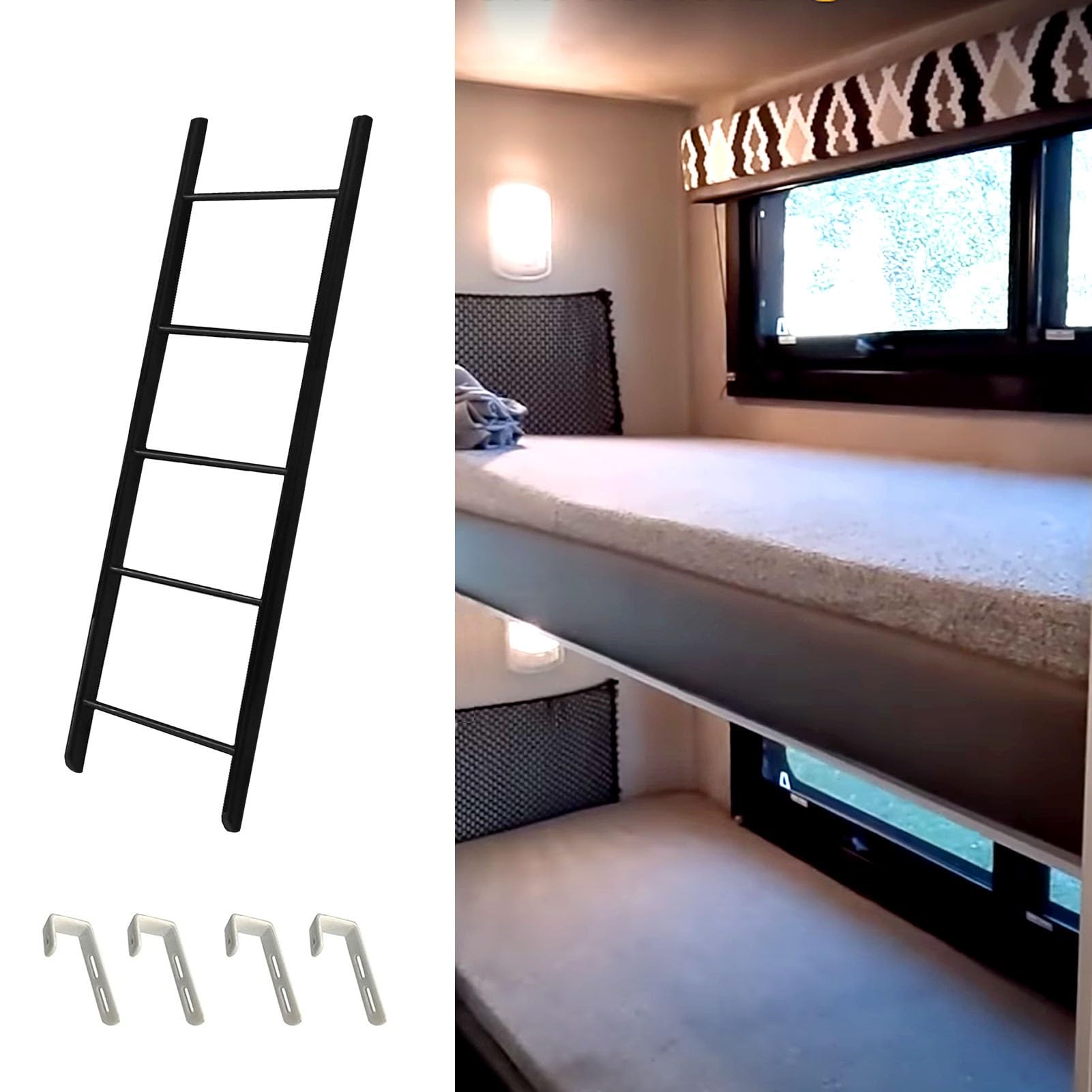 Lit de camping-car et mezzanine optimisés grâce à l'échelle robuste à crochets noirs