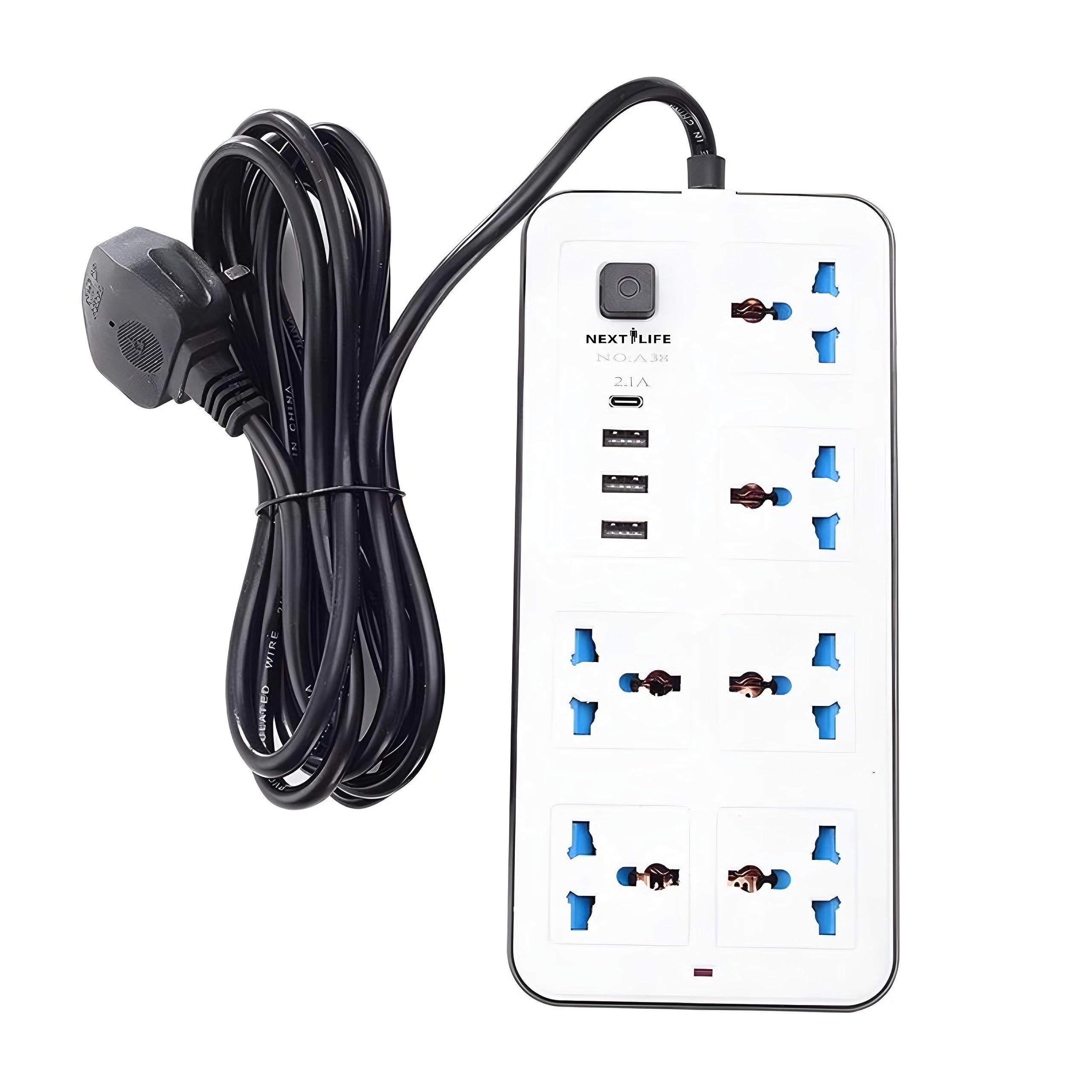 NEXT LIFE3 Meter Power Extension Cord 4-Power Socket with 3 USB+ 1 type C Charger Station,Office Supplies Protected Extension Cable, Fire Retardant Multi-Plug, Switched Power Strip (6Ac-4usb White)