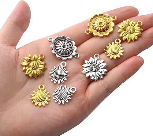 Miniatura 7 de BronaGrand 60 dijes de girasol de aleación vintage con cuentas de girasol, dijes de conector de flores, suministros de manualidades para