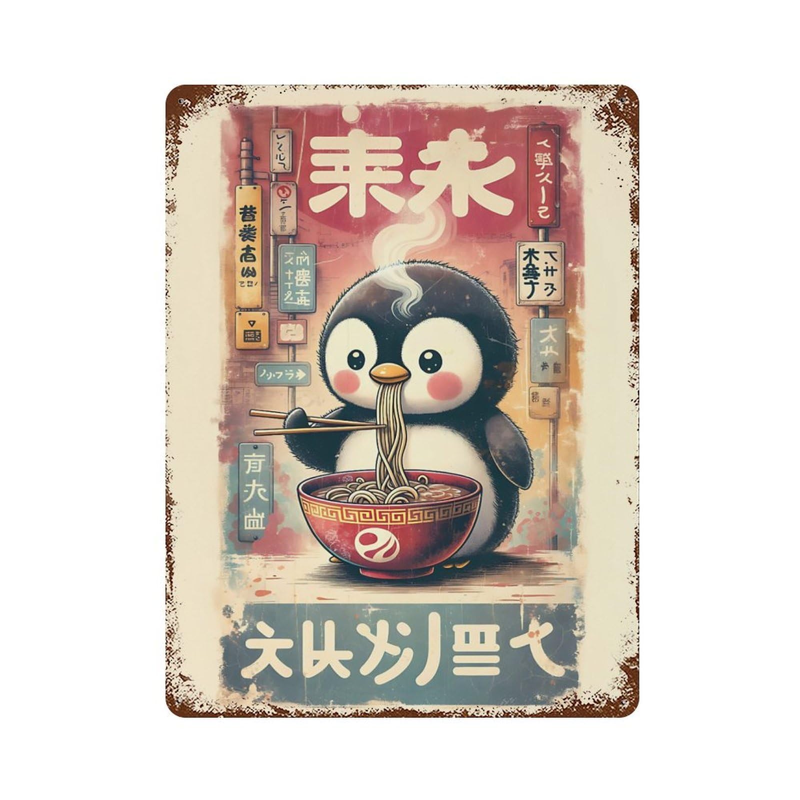 Penguin Eating Ramen in Japanese Setting Retro Metal Sign 15.7"x11.8", for Pub, Kitchen And Man Cave Decor, Industrial Home Decor