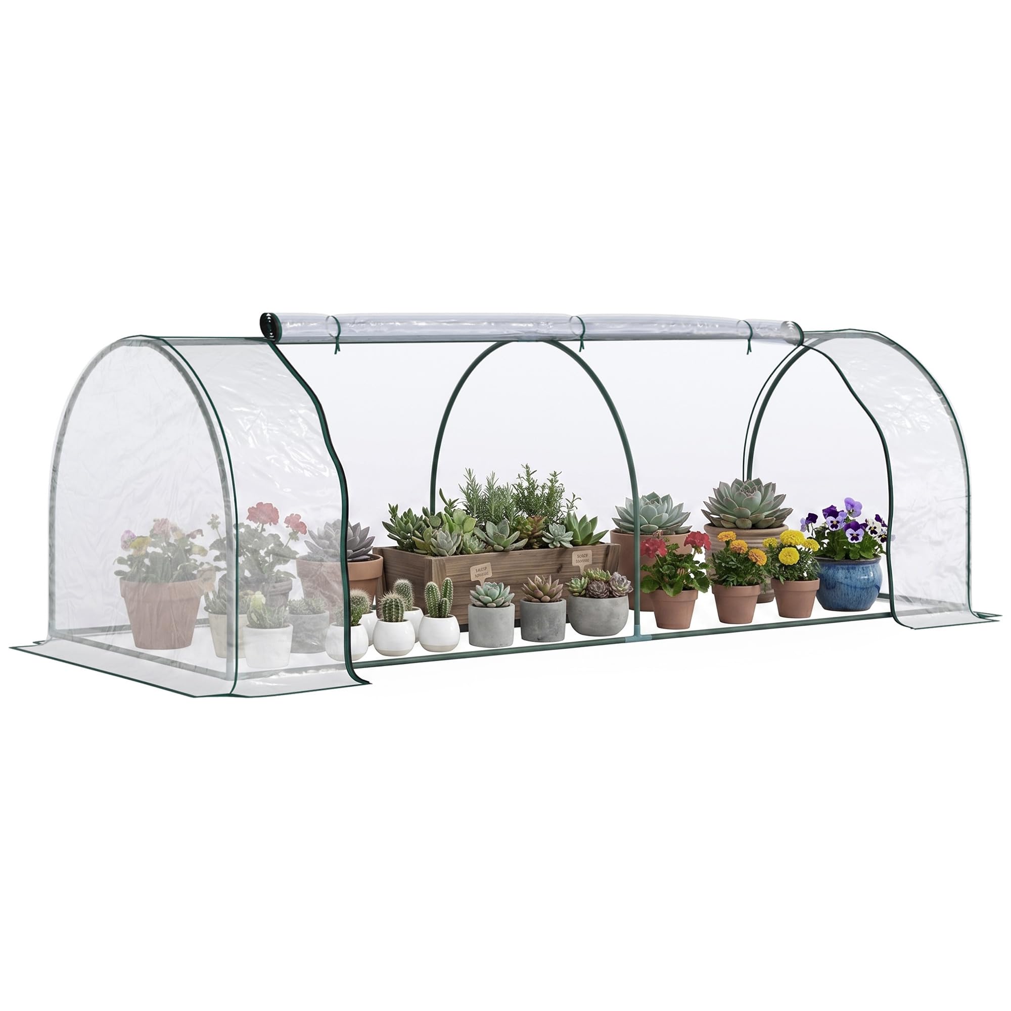 Outsunny Serre de Jardin Tunnel Mini Serre Tunnel Serre à tomates 2,5L x 1l x 0,8H m Grande Porte zippée bâche Plastique Transparent métal époxy Vert