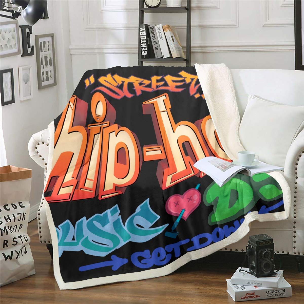 Hip Hop Theme Fleece Throw Blanket Music Sherpa Blanket for Kids Boys Girls Young Man Graffiti Plush Blanket Morden Fuzzy Blanket for Sofa Bed Couch,Double 60x79 Inch