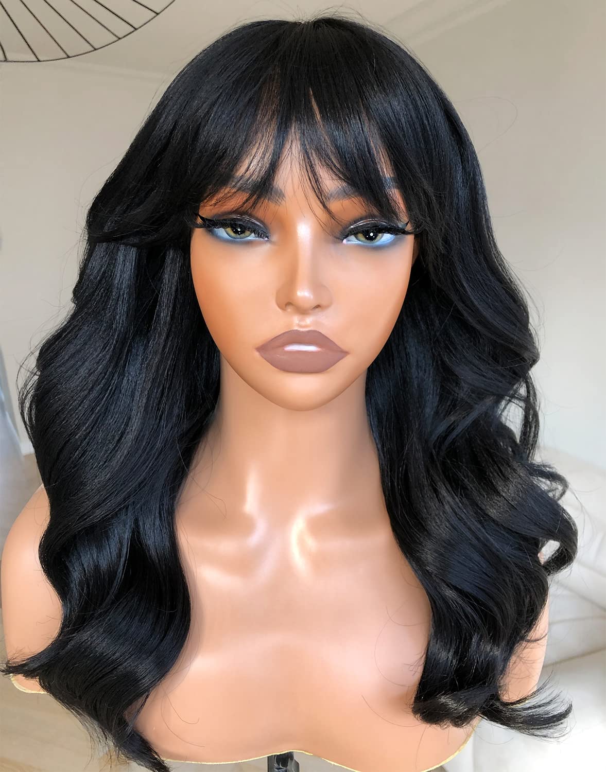 SYMEIW Medium Long Black Wavy Wigs For Women Synthetic Full Hair