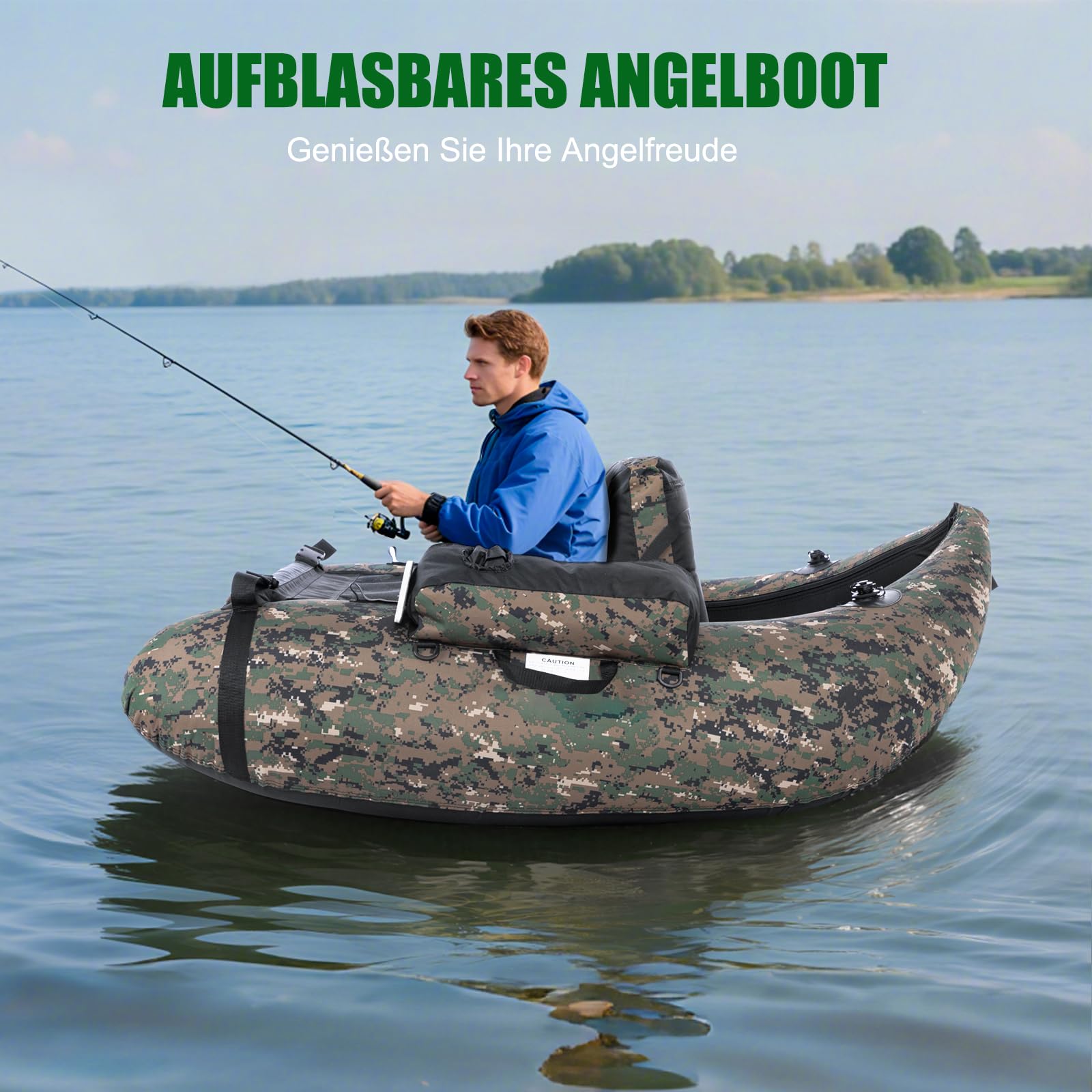 LEADZM Camuflaje - Barco inflable con bomba, barco de pesca con soporte para caña de pescar, correas ajustables, bolsa de almacenamiento, capacidad de carga 150 kg