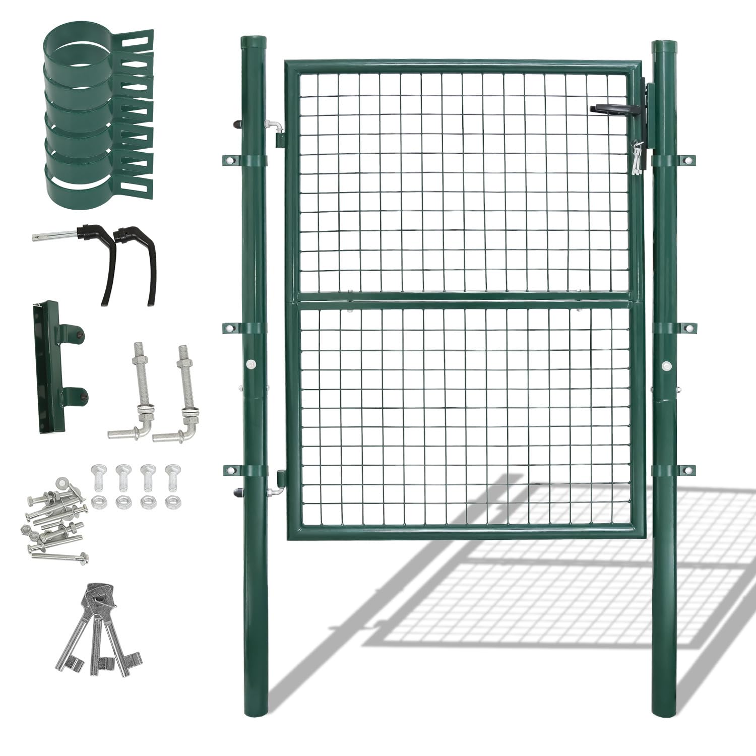 Cancello da giardino in metallo, 150 x 100 cm, in acciaio zincato, tubo rotondo, verde, con manico, serratura e 3 chiavi, robusto cancello da giardino