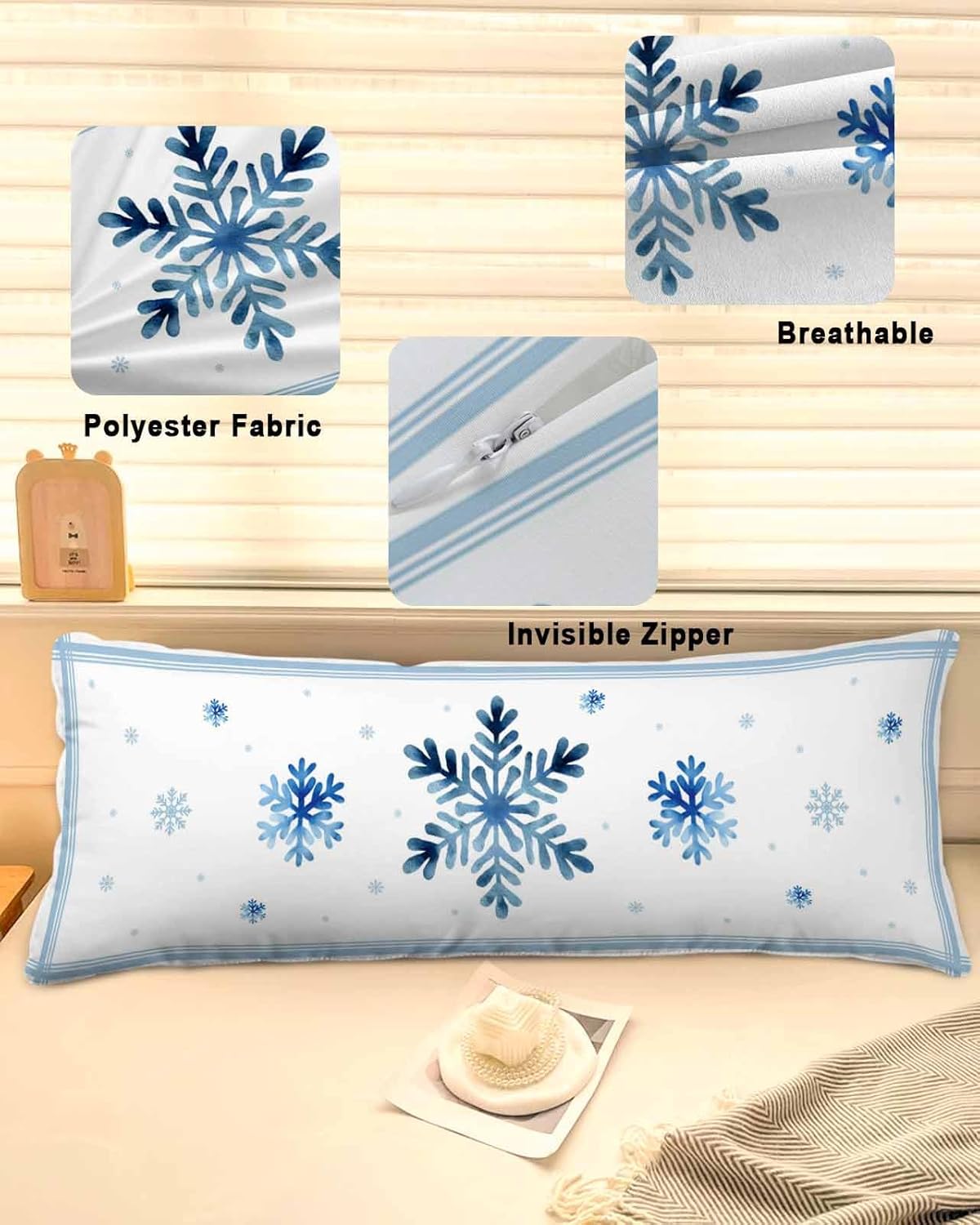 T&H XHome Christmas Pillow Covers Snowflakes Stripes Winter White 20"x60" Soft Brushed Microfiber Pillowcases with Hidden Zipper Closure Bed Pillow Shams for Bedroom Sofa Car