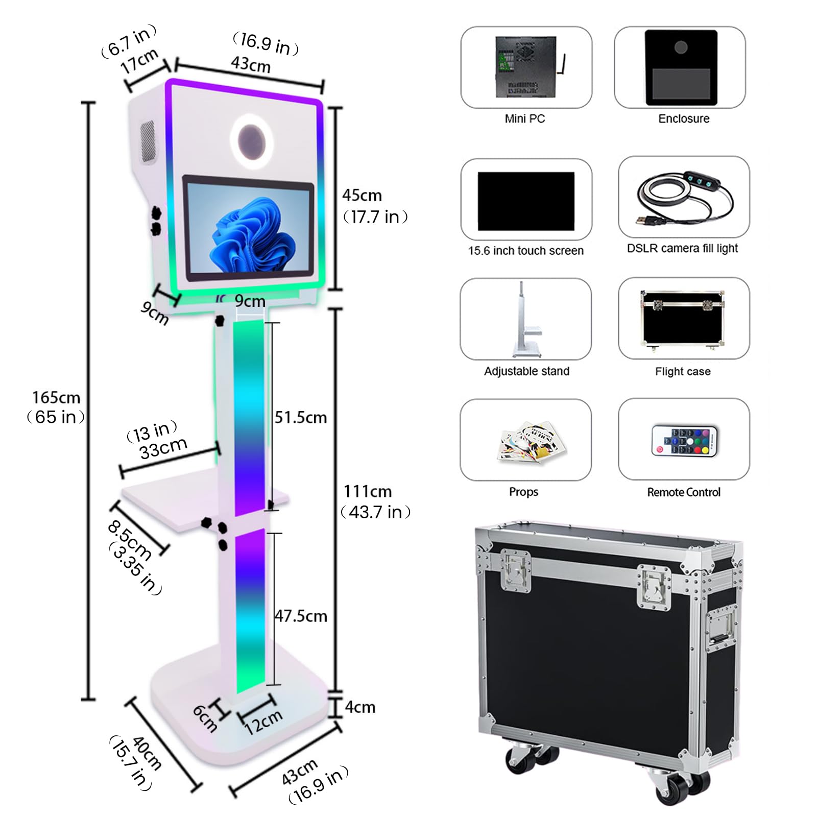 Máquina de fotomatón DSLR de 15.6 pulgadas con pantalla táctil portátil con luz RGB para bodas, eventos, fiestas, cabina de fotos con funda de vuelo (blanco, máquina de fotomatón)