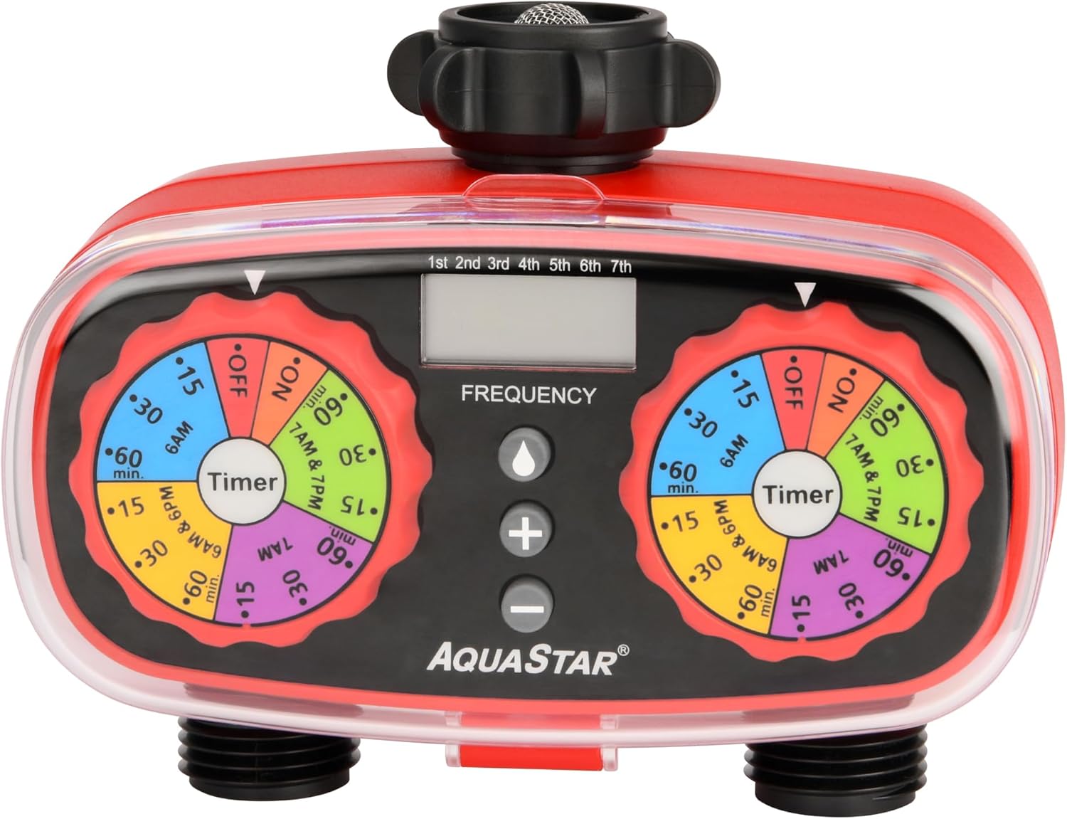 AQUASTAR Two-Zone Hose Watering Timer (Red) Garden Hose Sprinkler Timer, Automatic Irrigation for Lawn, Garden, Yard, Two Outlets