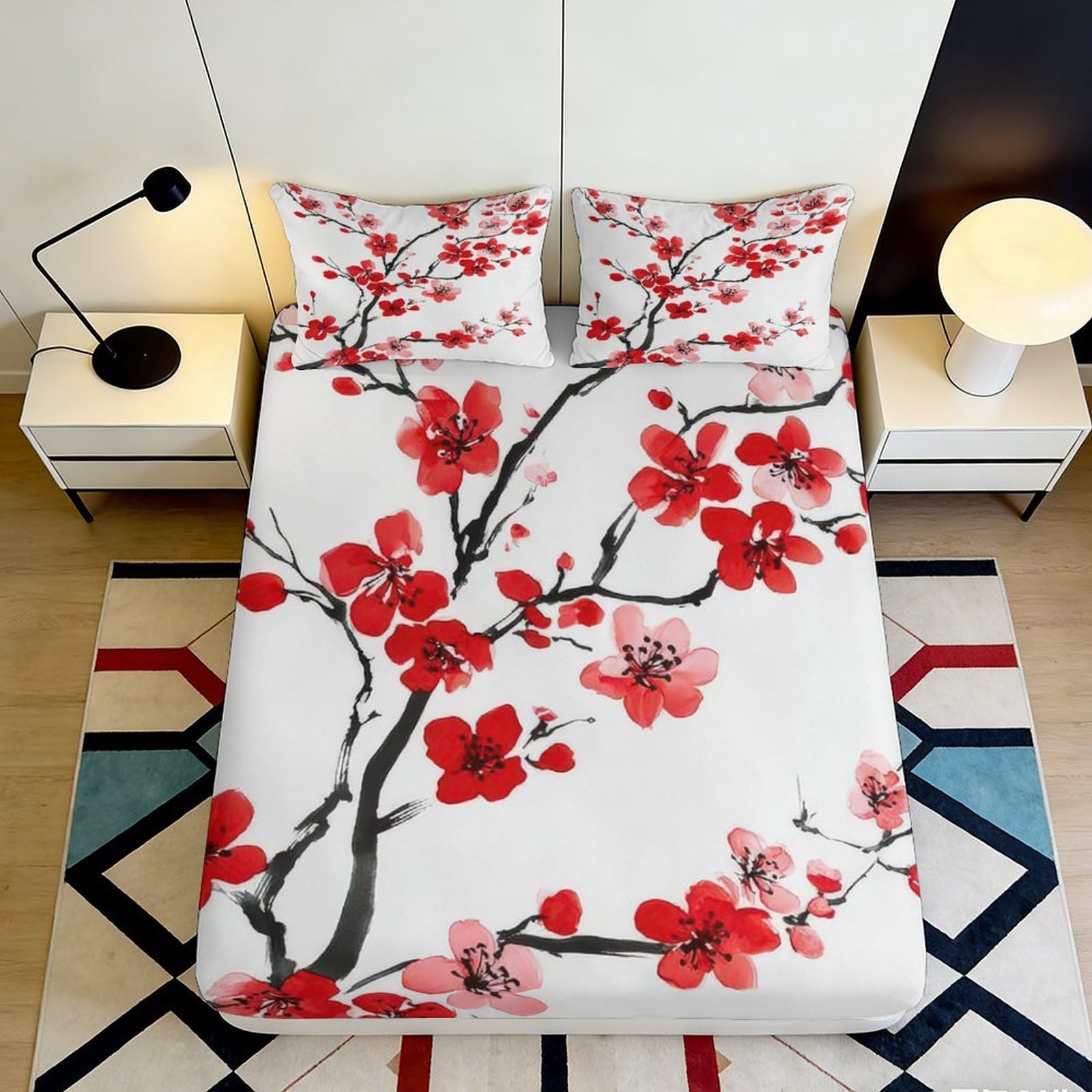 3D Printed Red Plum Blossom Fitted Sheet Microfiber Soft Anti-Slip Asian Ink Bed Cover for Bedroom Guest Room Decor 90x200x25cm