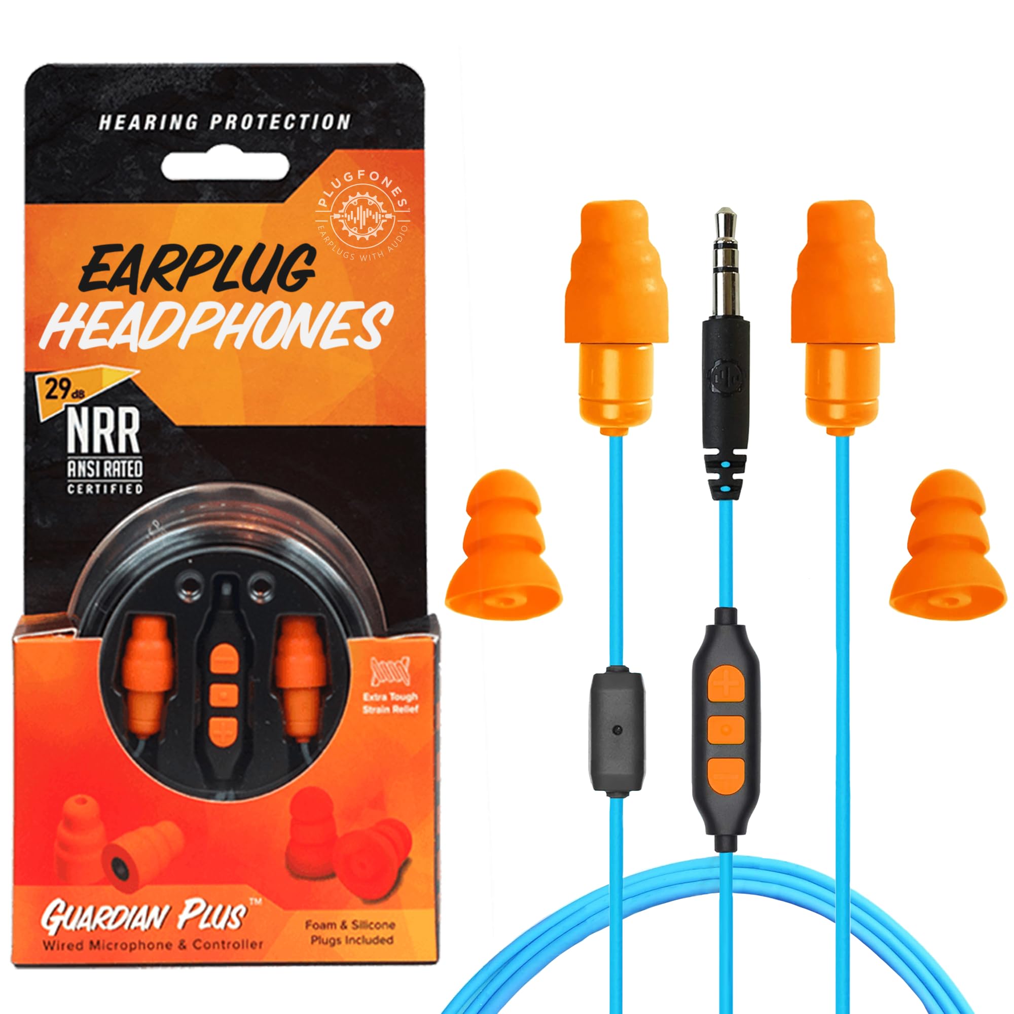 Guardian Plus Earplug Headphones in-Ear Earplug Earbud Hybrid with Noise Isolating Mic and Controls - 27-29dB Noise Reduction in-Ear Headphones (Orange & Blue)